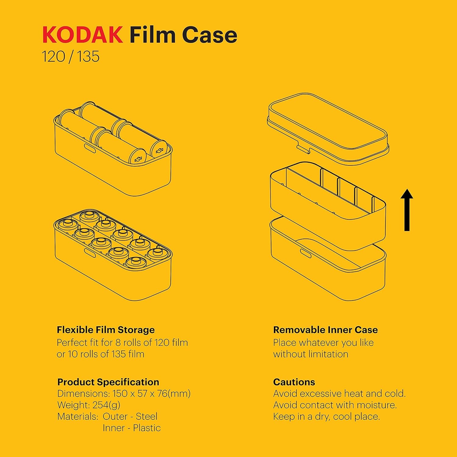 image:imageKODAK 120135 Film Case for 8 Rolls of 120 Films 10 Rolls of 35mm Films Retro Steel Case to Sort amp Safeguard Film Olive Film is not IncludedYellow