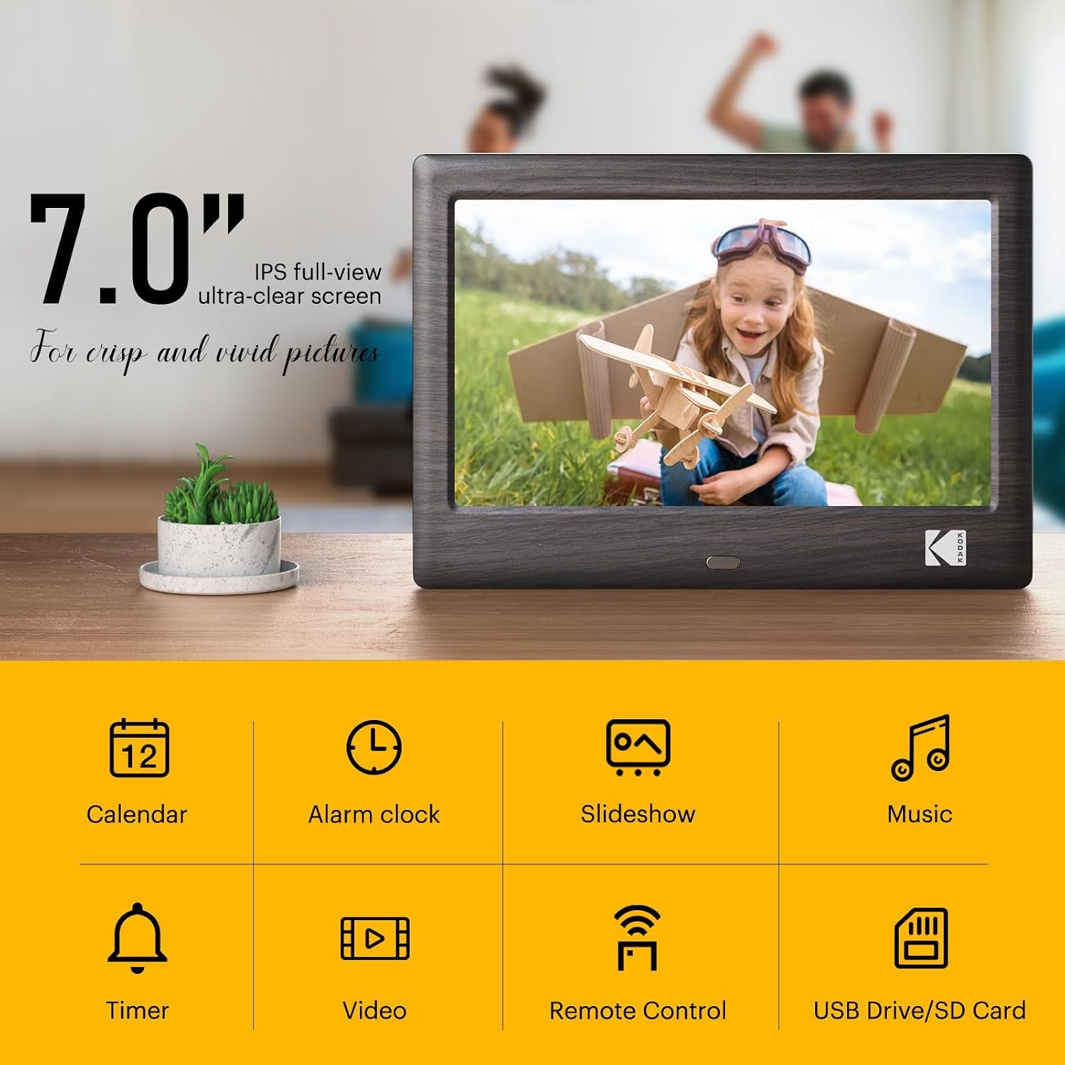 image:imageKODAK 7 Inch Digital Picture Frame with Remote Control 1024x600 HD Display Digital Photo Frame USB or SD Card Required AutoRotate Supports PhotoVideoMusicCalendarSlideshowBlack