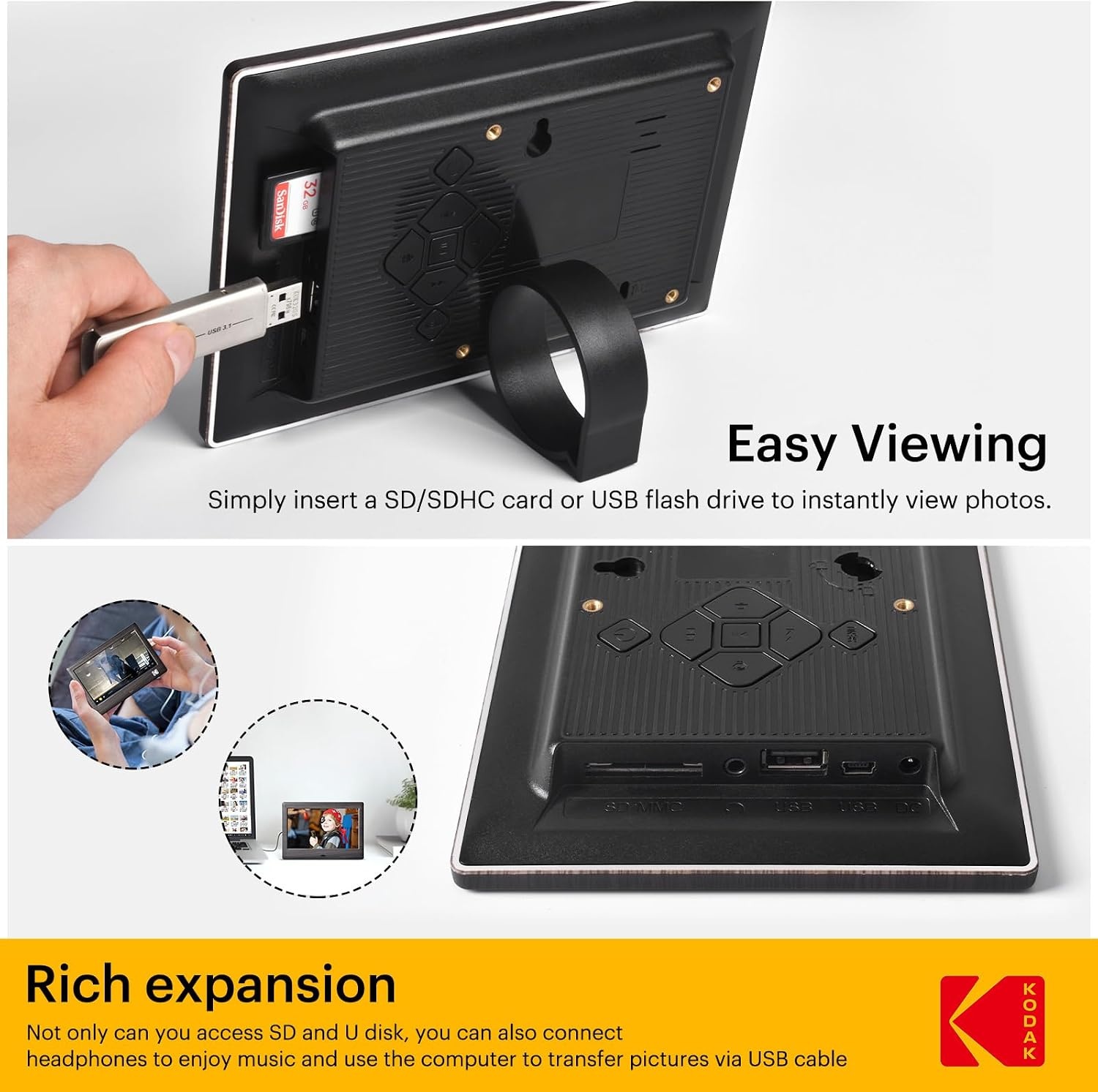 image:imageKODAK 7 Inch Digital Picture Frame with Remote Control 1024x600 HD Display Digital Photo Frame USB or SD Card Required AutoRotate Supports PhotoVideoMusicCalendarSlideshowBlack