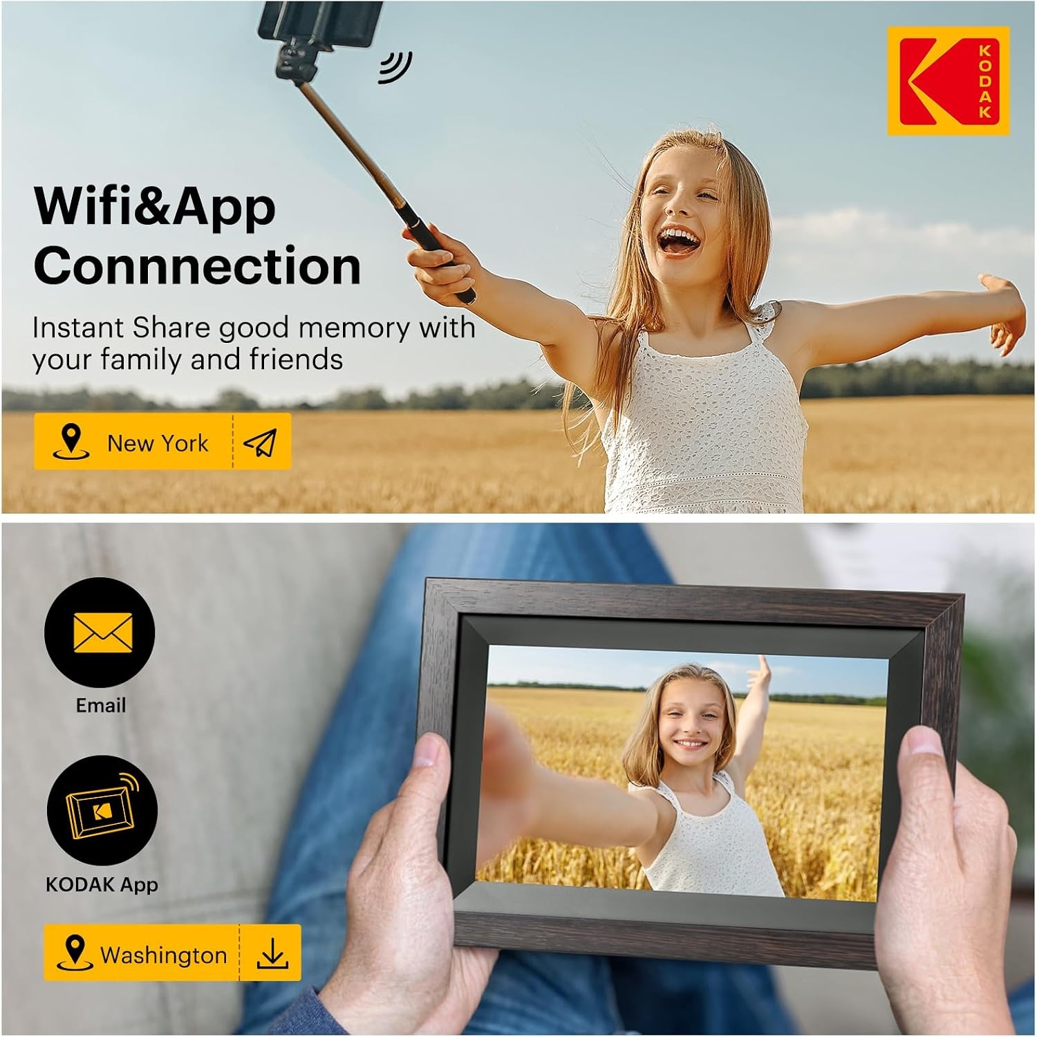 image:imageKODAK 7 Inch Digital Picture Frame with Remote Control 1024x600 HD Display Digital Photo Frame USB or SD Card Required AutoRotate Supports PhotoVideoMusicCalendarSlideshowBlack