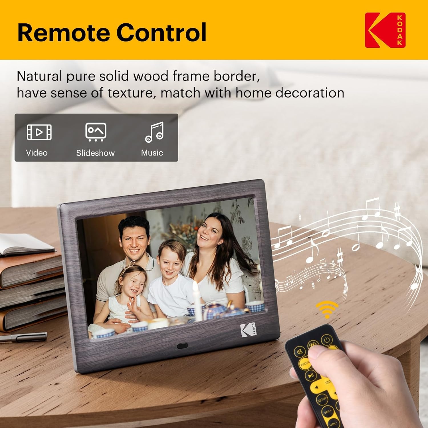 image:imageKODAK 7 Inch Digital Picture Frame with Remote Control 1024x600 HD Display Digital Photo Frame USB or SD Card Required AutoRotate Supports PhotoVideoMusicCalendarSlideshowBlack