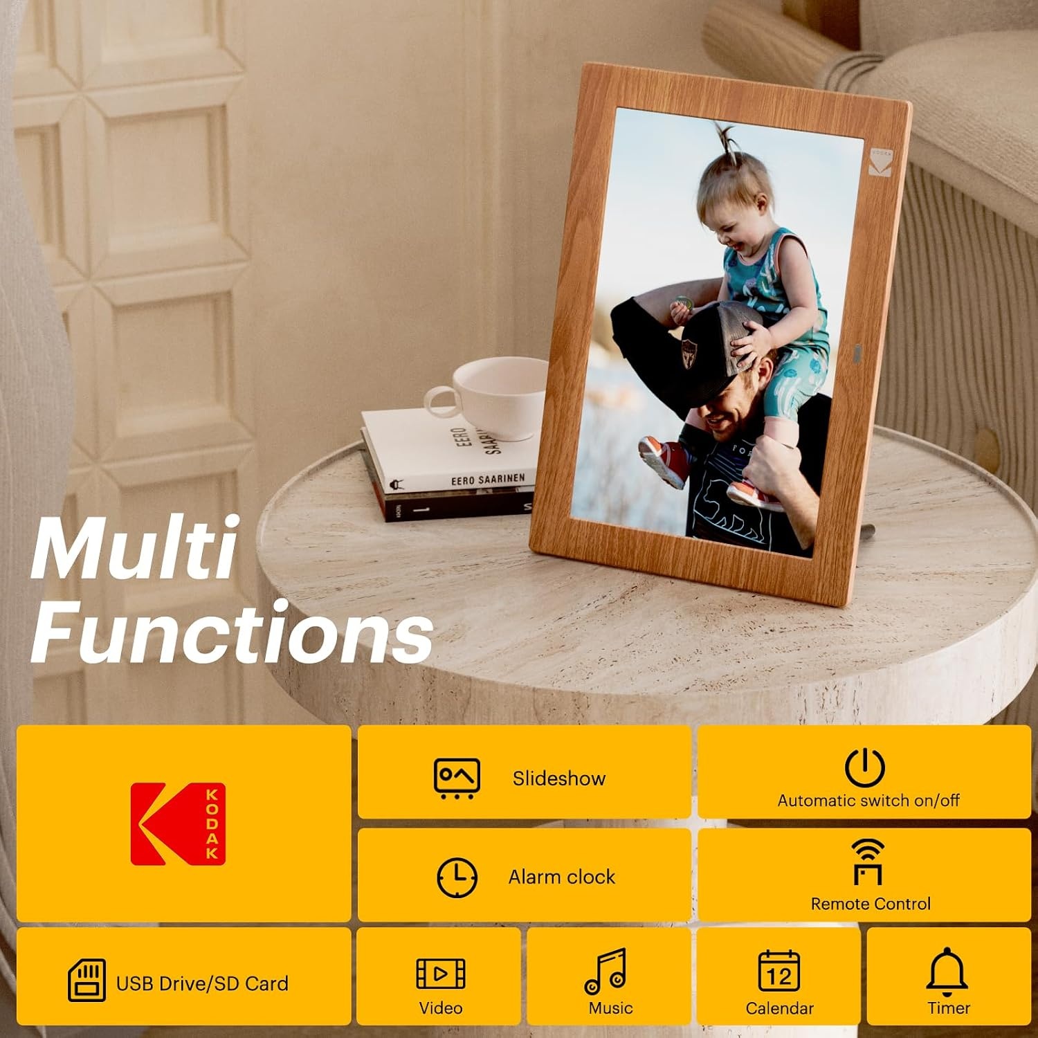 image:imageKODAK 7 Inch Digital Picture Frame with Remote Control 1024x600 HD Display Digital Photo Frame USB or SD Card Required AutoRotate Supports PhotoVideoMusicCalendarSlideshowWooden
