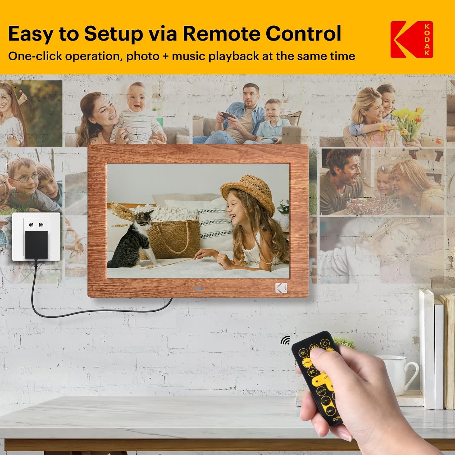 image:imageKODAK 7 Inch Digital Picture Frame with Remote Control 1024x600 HD Display Digital Photo Frame USB or SD Card Required AutoRotate Supports PhotoVideoMusicCalendarSlideshowWooden