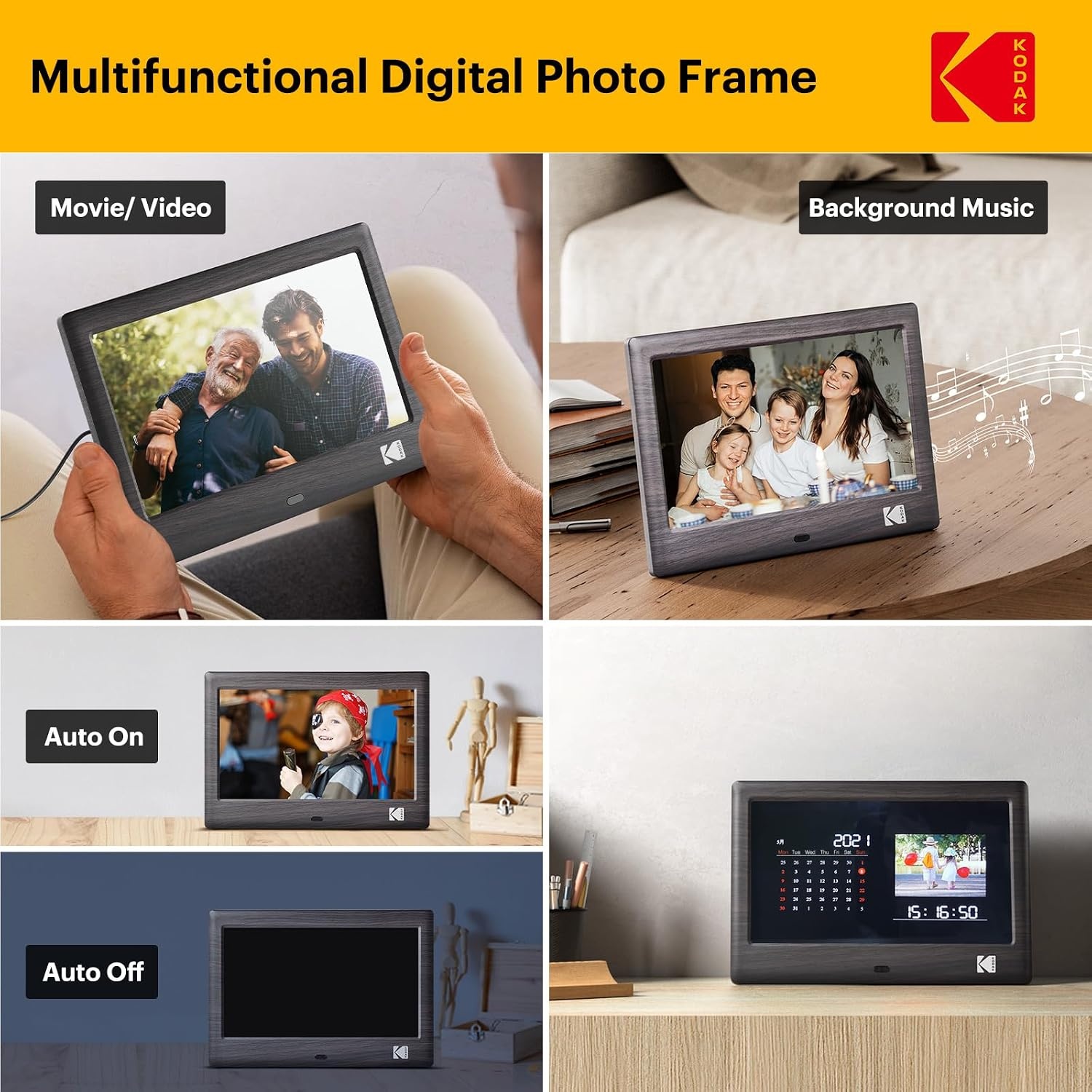 image:imageKODAK 7 Inch Digital Picture Frame with Remote Control 1024x600 HD Display Digital Photo Frame USB or SD Card Required AutoRotate Supports PhotoVideoMusicCalendarSlideshowBlack
