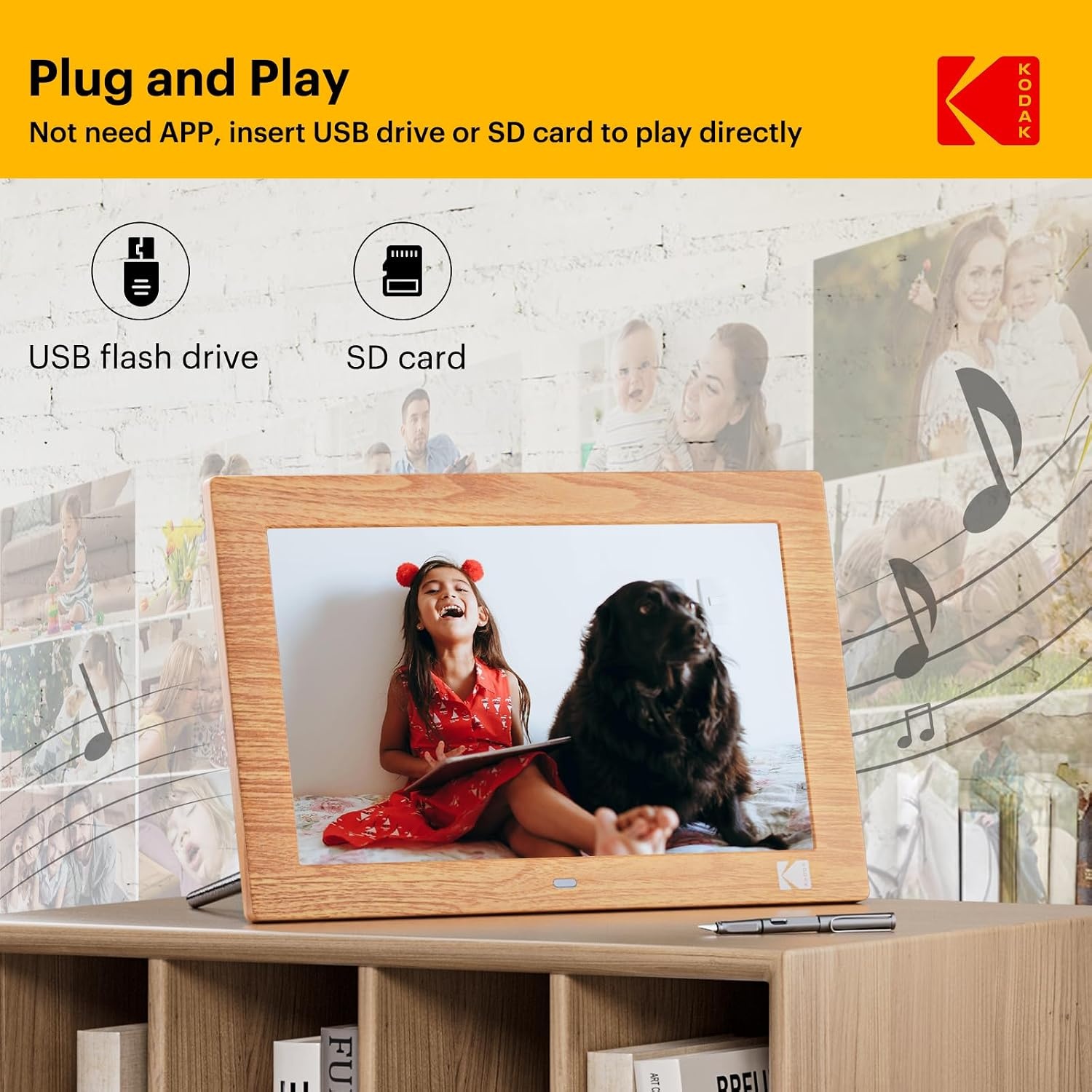 image:imageKODAK 7 Inch Digital Picture Frame with Remote Control 1024x600 HD Display Digital Photo Frame USB or SD Card Required AutoRotate Supports PhotoVideoMusicCalendarSlideshowWooden
