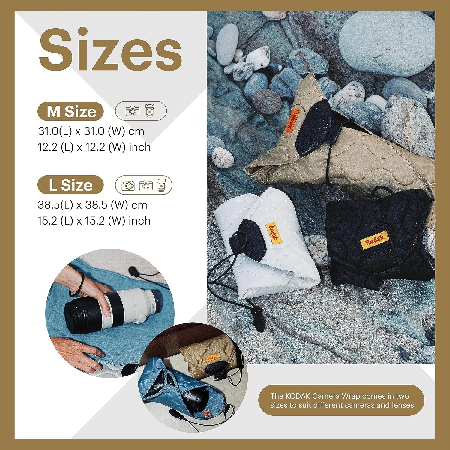 image:imageKODAK Camera Wrap Size M 31x31cm WaterResistant AntiScratching and DustFree Protective Cloth for Mirrorless Camera Compact Camera Prime Lens Light Grey ONE ItemOlive