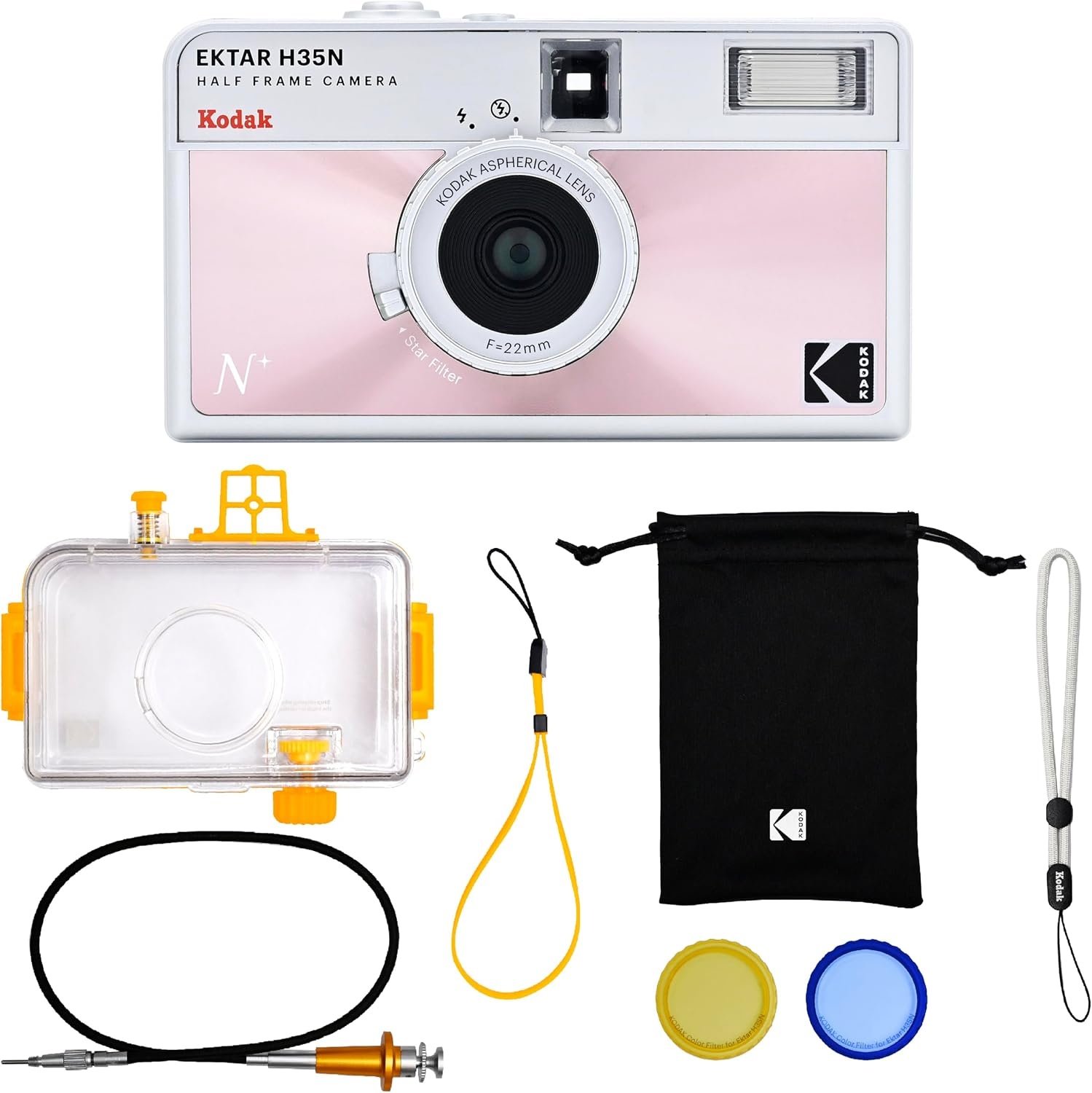 image:imageKODAK EKTAR H35N Half Frame Film Camera 35mm Reusable FocusFree Bulb Function Builtin Star Filter Coated Improved Lens Film amp AAA Battery are not Included Striped Black Premium KitGlazed Pink