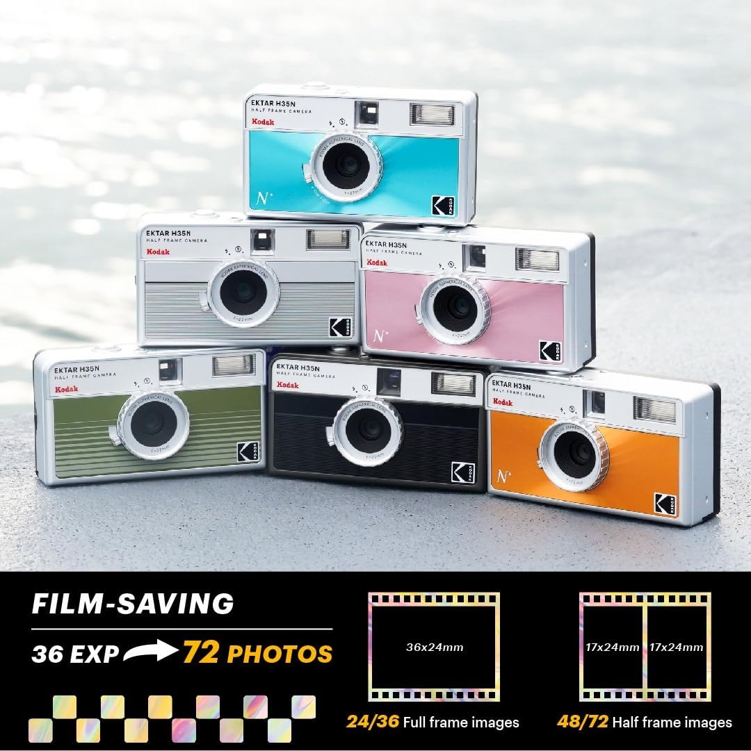 image:imageKODAK EKTAR H35N Half Frame Film Camera 35mm Reusable FocusFree Bulb Function Builtin Star Filter Coated Improved Lens Film amp AAA Battery are not Included Striped Black Premium KitGlazed Orange