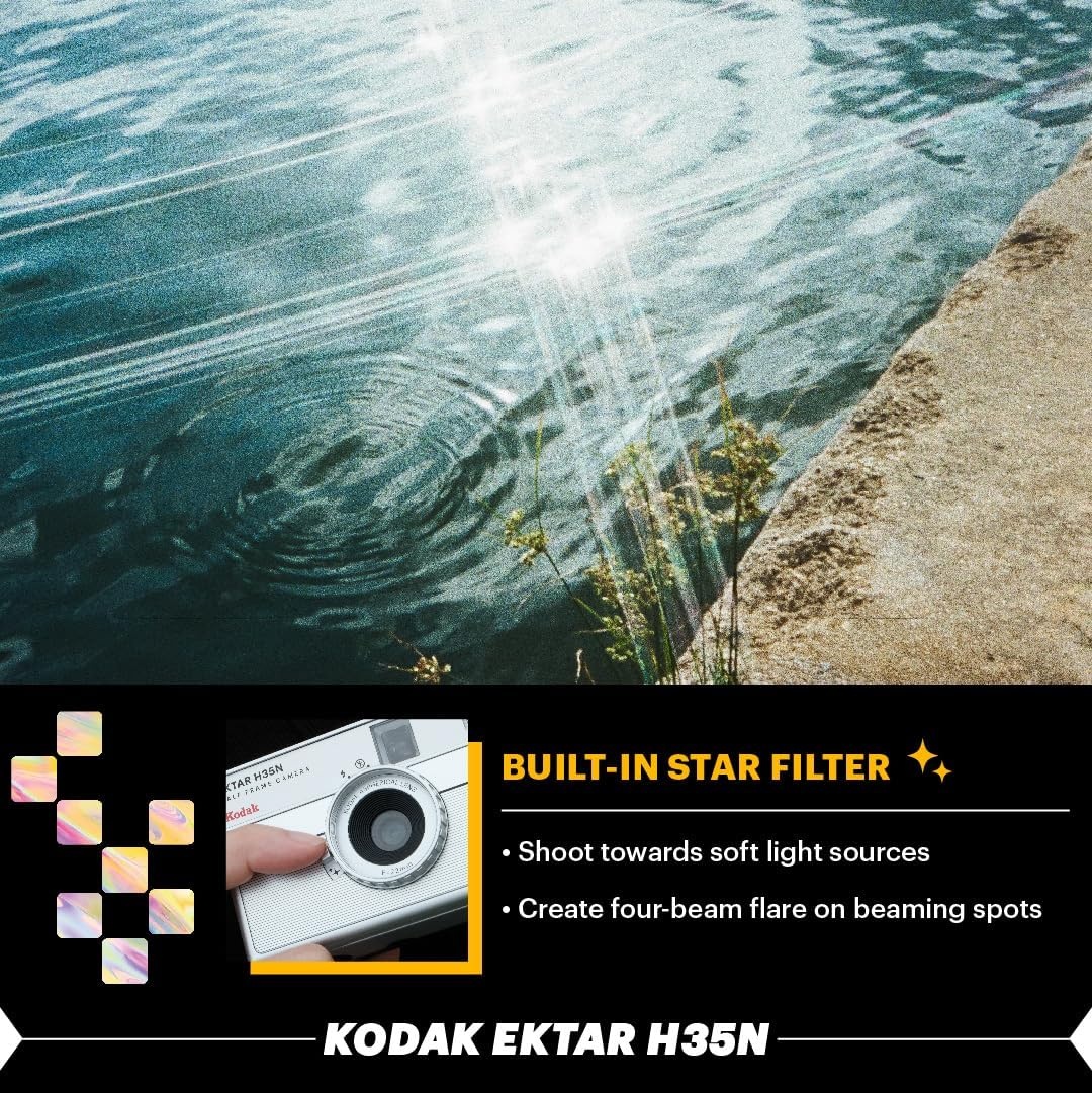 image:imageKODAK EKTAR H35N Half Frame Film Camera 35mm Reusable FocusFree Bulb Function Builtin Star Filter Coated Improved Lens Film amp AAA Battery are not Included Striped Black Premium KitGlazed Orange