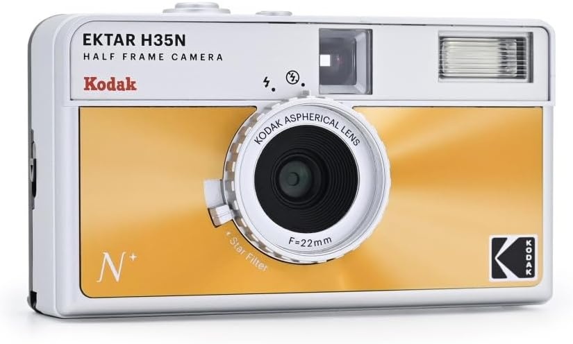 image:imageKODAK EKTAR H35N Half Frame Film Camera 35mm Reusable FocusFree Bulb Function Builtin Star Filter Coated Improved Lens Film amp AAA Battery are not Included Striped Black Premium KitGlazed Orange