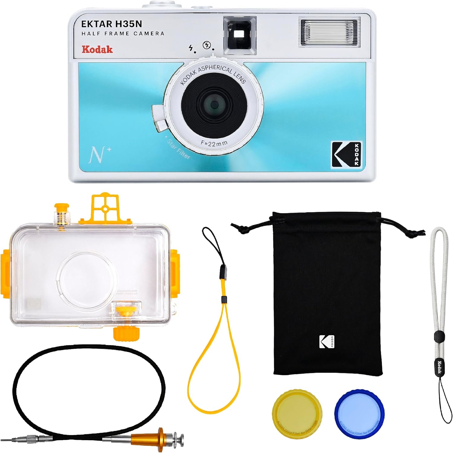 image:imageKODAK EKTAR H35N Half Frame Film Camera 35mm Reusable FocusFree Bulb Function Builtin Star Filter Coated Improved Lens Film amp AAA Battery are not Included Striped Black Premium KitGlazed Blue