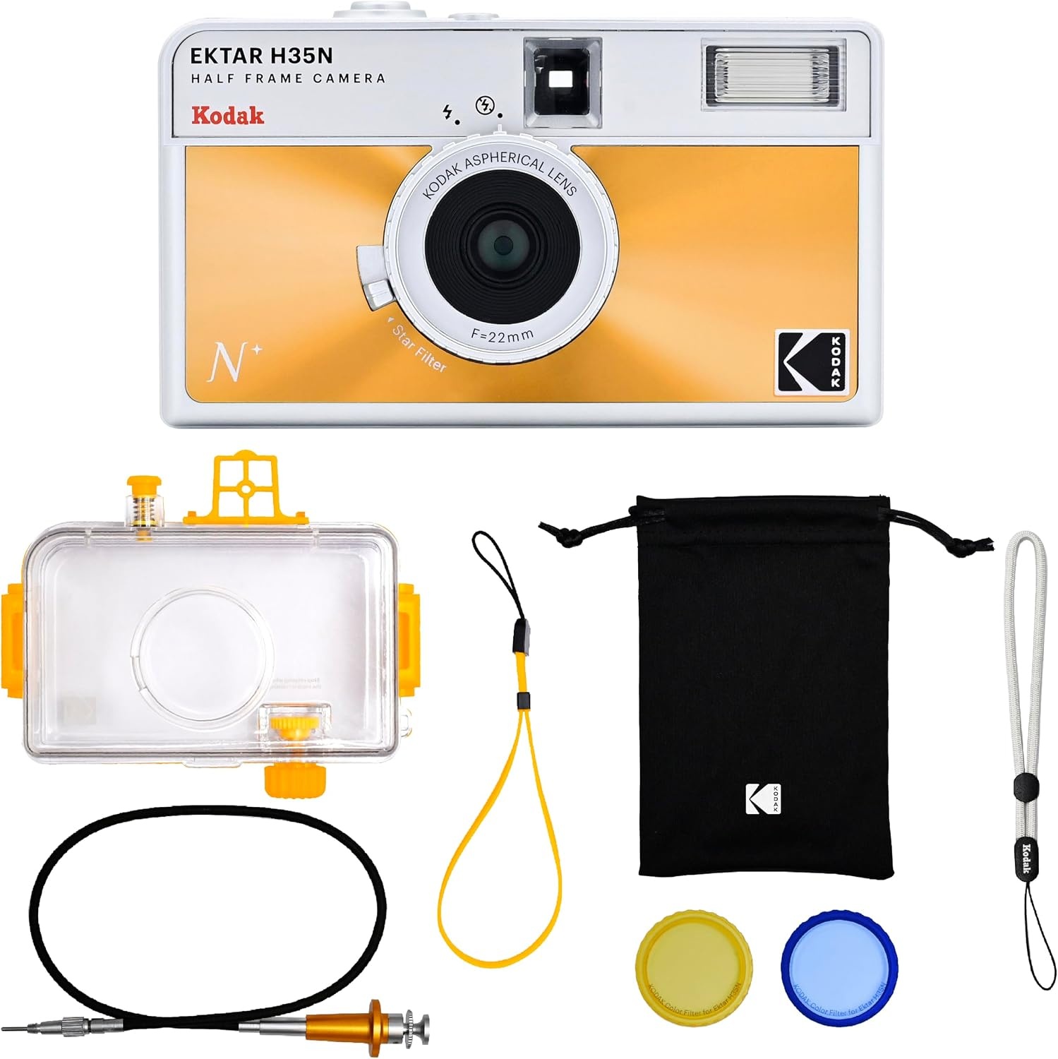 image:imageKODAK EKTAR H35N Half Frame Film Camera 35mm Reusable FocusFree Bulb Function Builtin Star Filter Coated Improved Lens Film amp AAA Battery are not Included Striped Black Premium KitGlazed Orange