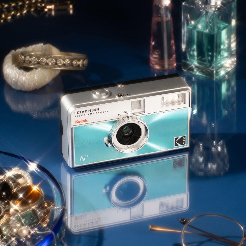 image:imageKODAK EKTAR H35N Half Frame Film Camera 35mm Reusable FocusFree Bulb Function Builtin Star Filter Coated Improved Lens Film amp AAA Battery are not Included Striped Black Premium KitGlazed Blue