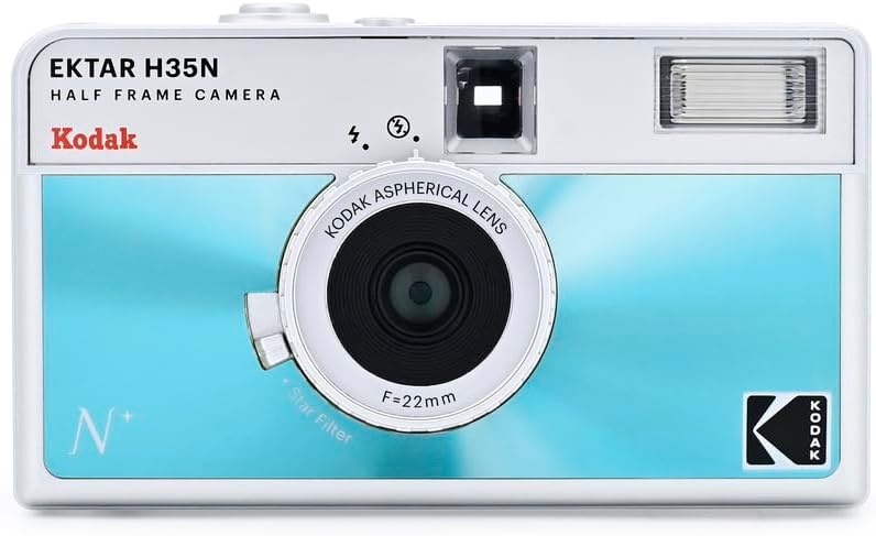 image:imageKODAK EKTAR H35N Half Frame Film Camera 35mm Reusable FocusFree Bulb Function Builtin Star Filter Coated Improved Lens Film amp AAA Battery are not Included Striped Black Premium KitGlazed Blue