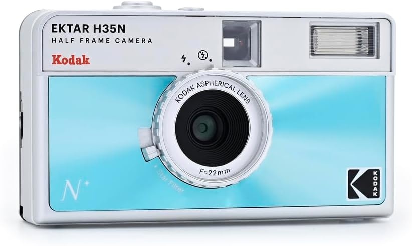 image:imageKODAK EKTAR H35N Half Frame Film Camera 35mm Reusable FocusFree Bulb Function Builtin Star Filter Coated Improved Lens Film amp AAA Battery are not Included Striped Black Premium KitGlazed Blue