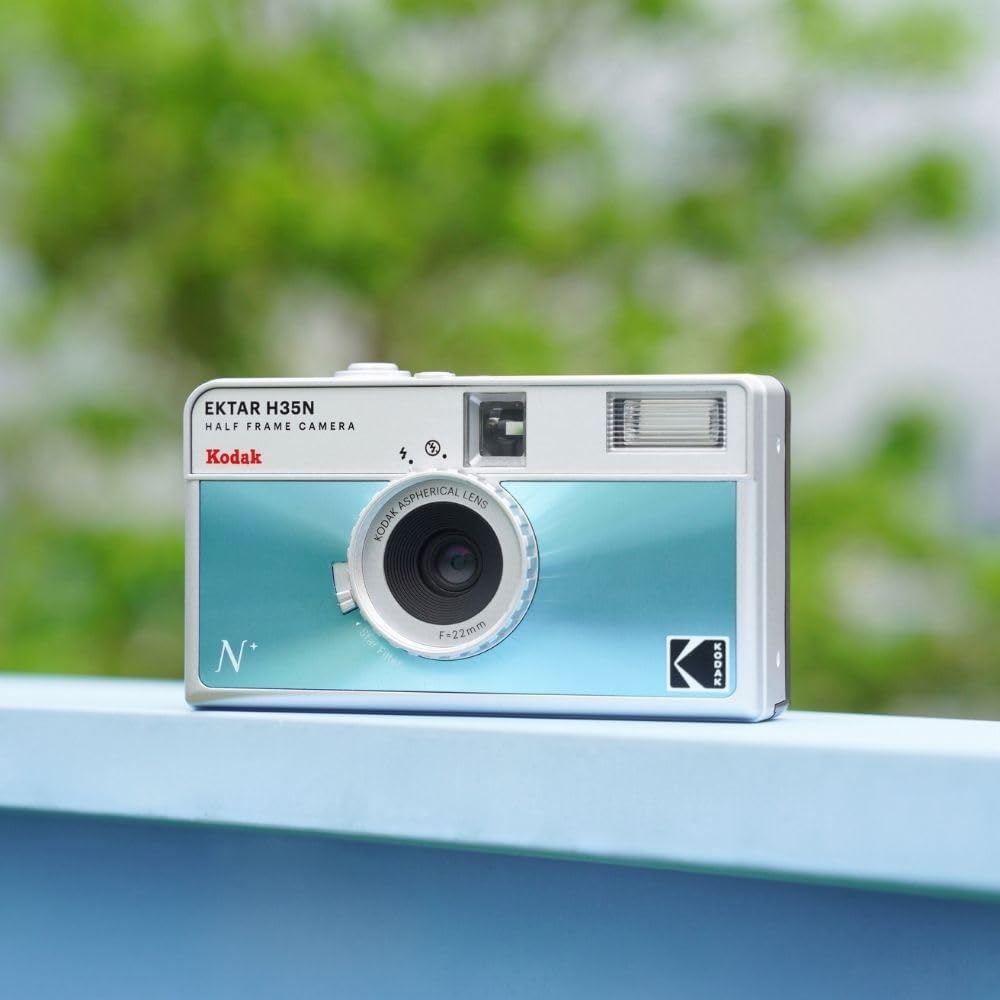 image:imageKODAK EKTAR H35N Half Frame Film Camera 35mm Reusable FocusFree Bulb Function Builtin Star Filter Coated Improved Lens Film amp AAA Battery are not Included Striped Black Premium KitGlazed Blue