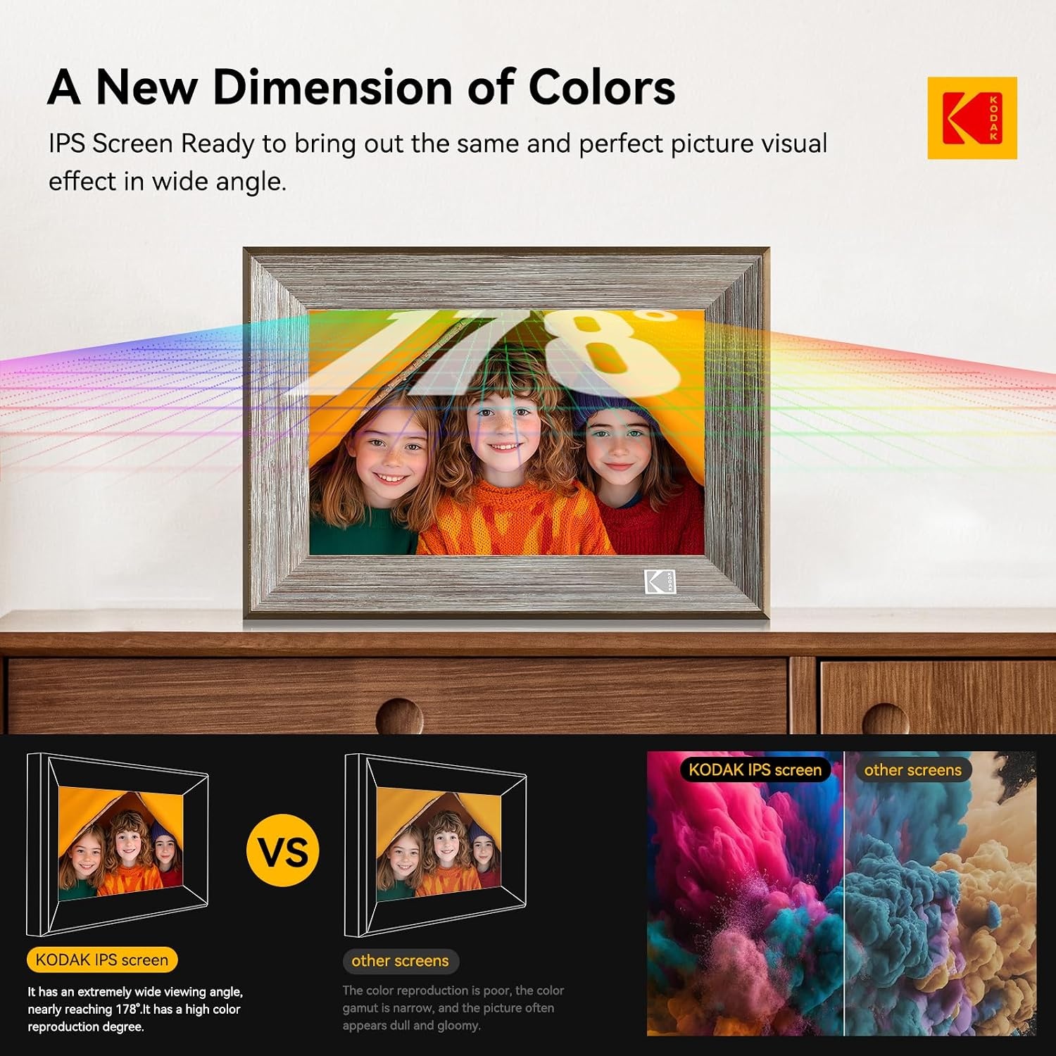 image:imageKODAK Wooden WiFi Digital Picture Frame 32G 101 Inch Digital Photo Frame 1280x800 HD IPS Touch Screen AutoRotate Share Photos and Videos via KODAK App for Friends and Family