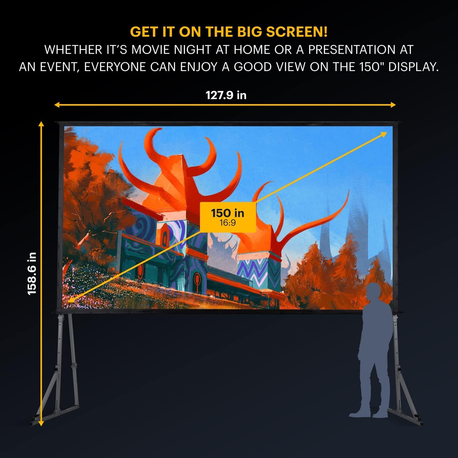 image:imageKodak 150 Dual Projector Screen WStand Fast Fold Gray Rear Projection Backdrop for Outdoor amp Indoor Movies with Tripod Outdoor Stability Kit amp Black Storage Carry Case
