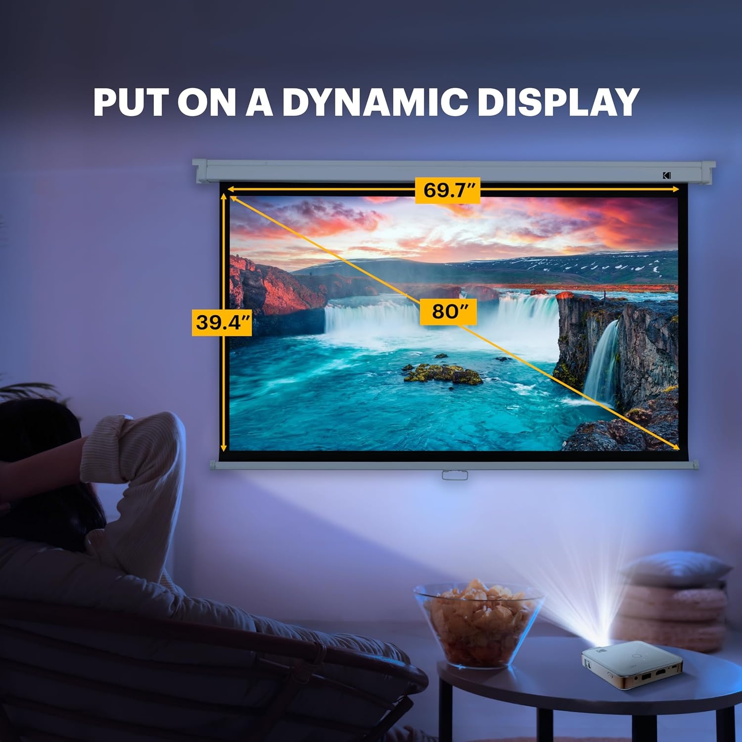 image:imageKodak Manual PullDown White Projector Screen 80 Inch Large 169 Office Home Movie Theater Screen with Wall amp Ceiling Mount Options EasyClean Matte Fabric amp Retractable Hanging Design Indoor