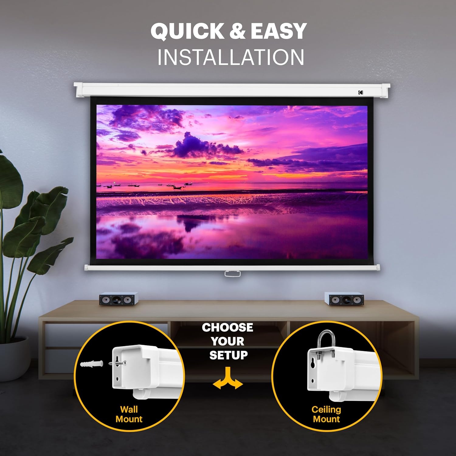 image:imageKodak Manual PullDown White Projector Screen 92 Inch Large 169 Office Home Movie Theater Screen with Wall amp Ceiling Mount Options EasyClean Matte Fabric amp Retractable Hanging Design Indoor