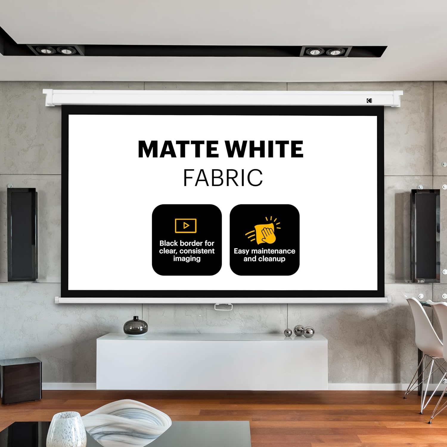 image:imageKodak Manual PullDown White Projector Screen 92 Inch Large 169 Office Home Movie Theater Screen with Wall amp Ceiling Mount Options EasyClean Matte Fabric amp Retractable Hanging Design Indoor