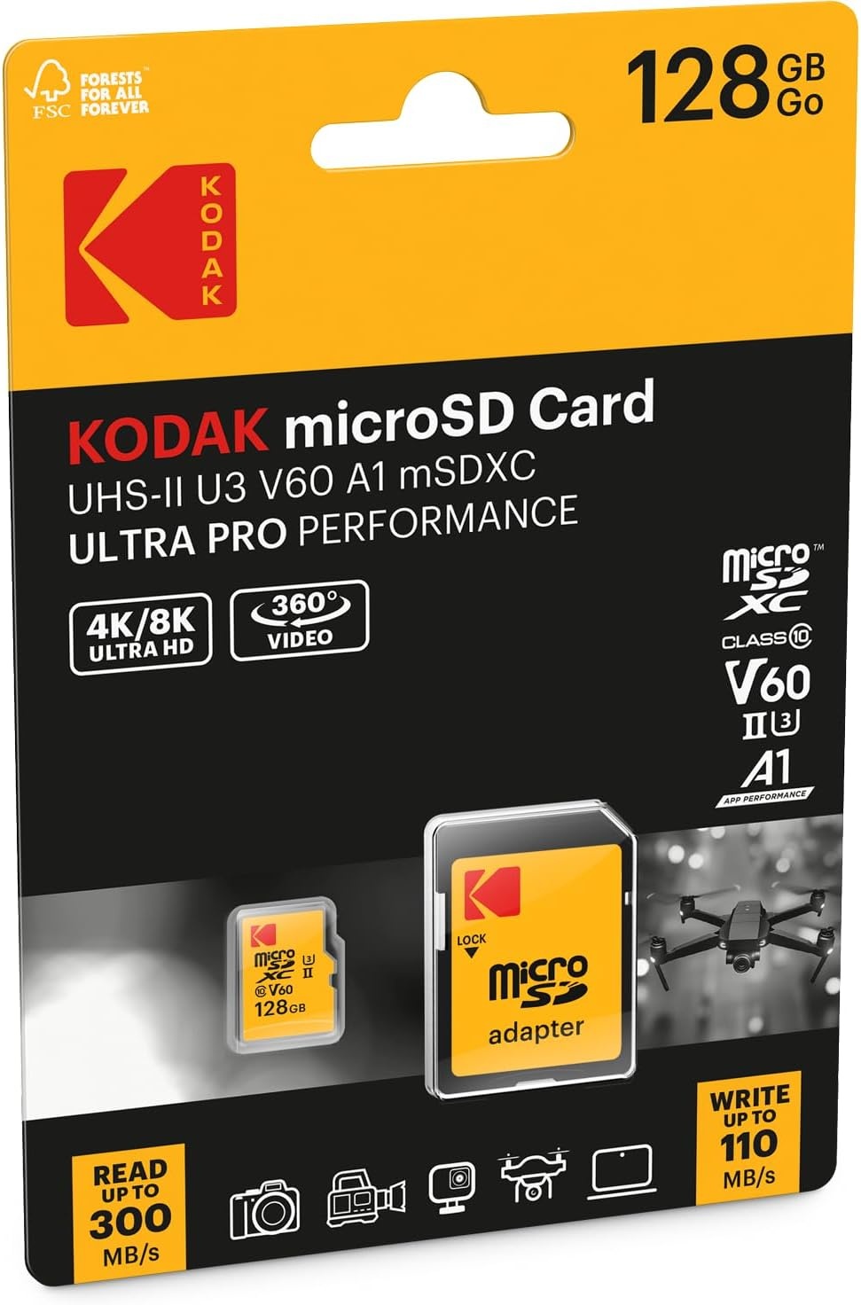image:imageKodak MicroSD Card 256GB UHSII U3 V60 Ultra Fast Transfer Rate 300MBs Read 160MBs Write 4K8K Video Ideal for Content Creator Includes SD Adapter