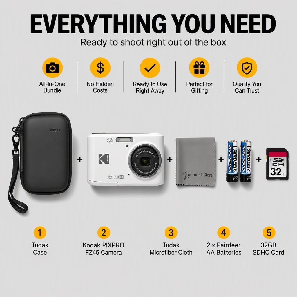 image:imageKodak PIXPRO FZ45 Digital Camera White 16MP Point amp Shoot with 4X Optical Zoom 27mm Wide Angle 27 Inch LCD 1080p Video Bundle with Tudak Compatible Camera Case 32GB SD Card amp Microfiber ClothBlack