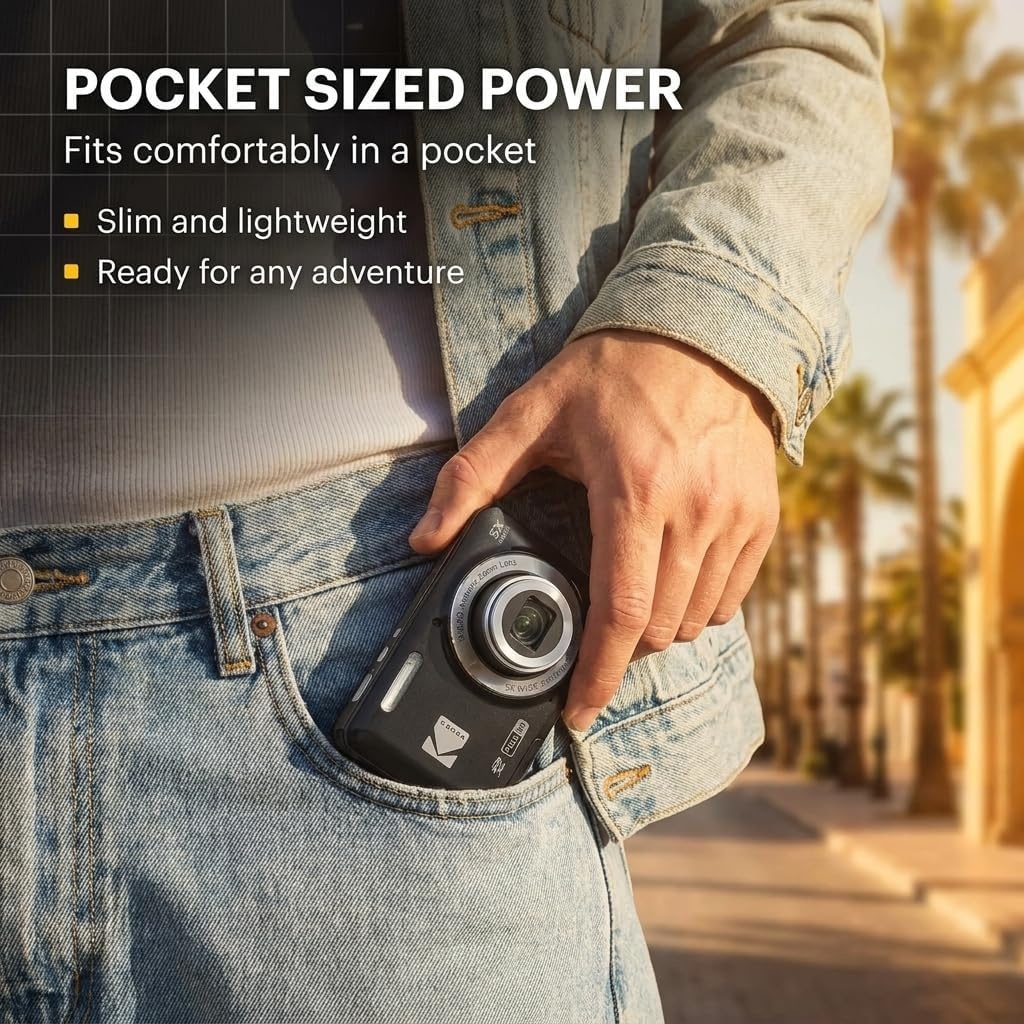 image:imageKodak PIXPRO FZ55 Black 16MP CMOS Sensor Digital Camera 5X Optical Zoom 28mm Wide Angle 1080P Full HD Video 27 LCD Vlogging Camera Bundle with Tudak Compatible Case 32GB SD Card amp Microfiber ClothBlue