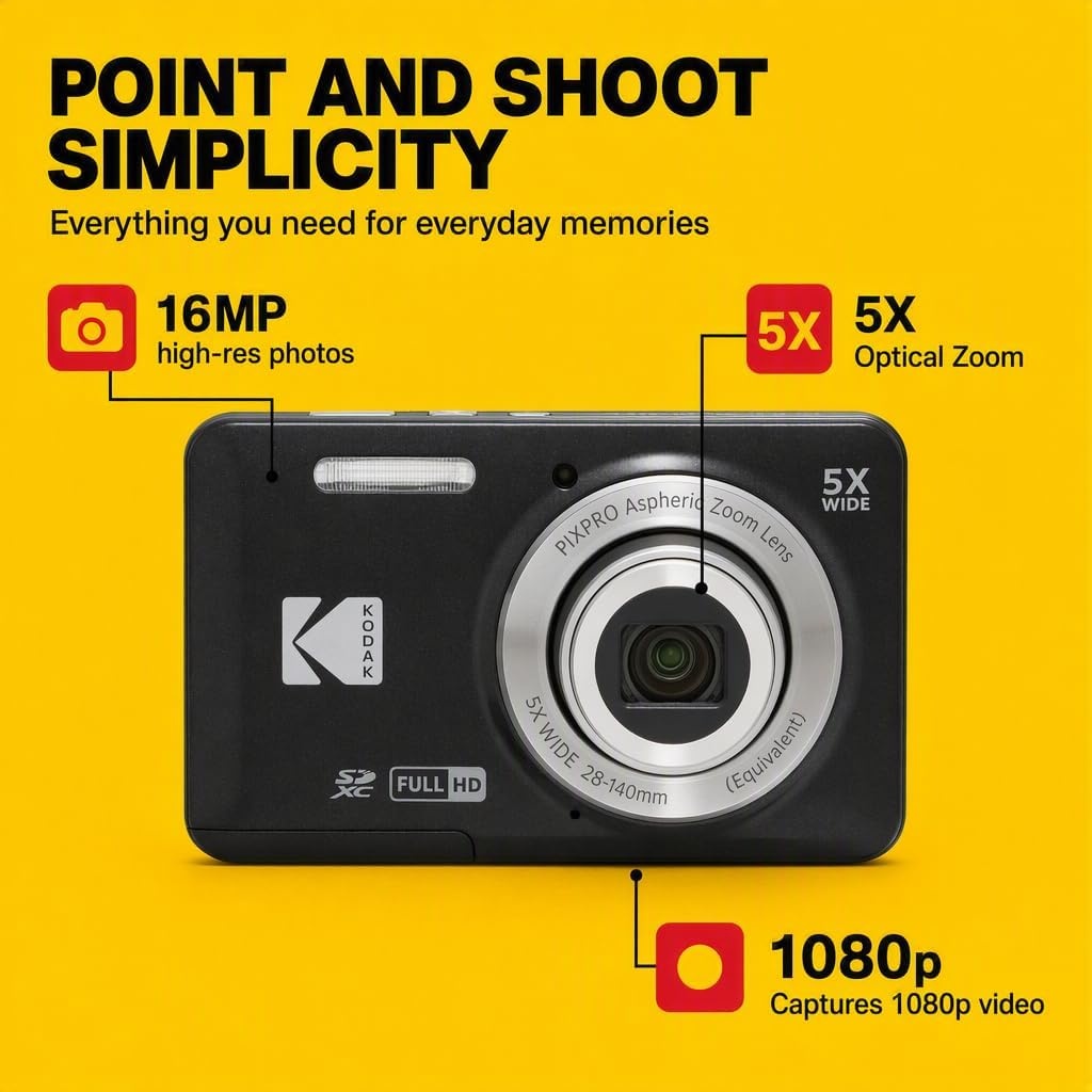image:imageKodak PIXPRO FZ55 Black 16MP CMOS Sensor Digital Camera 5X Optical Zoom 28mm Wide Angle 1080P Full HD Video 27 LCD Vlogging Camera Bundle with Tudak Compatible Case 32GB SD Card amp Microfiber ClothBlue