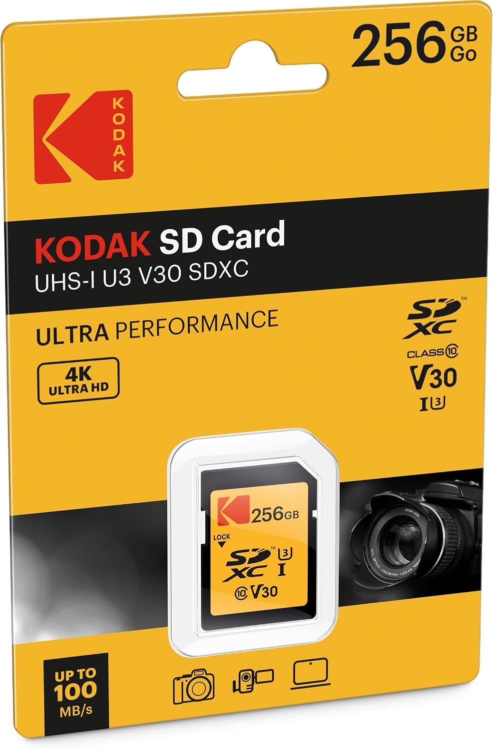 image:imageKodak SDXC Card 256GB UHSI U3 V30 Ultra Up to 95MBs Max Read Speed Write Speed 85MBs Max Storage of 4K Ultra HD Videos and HD Photos FullSize SD Card256GB