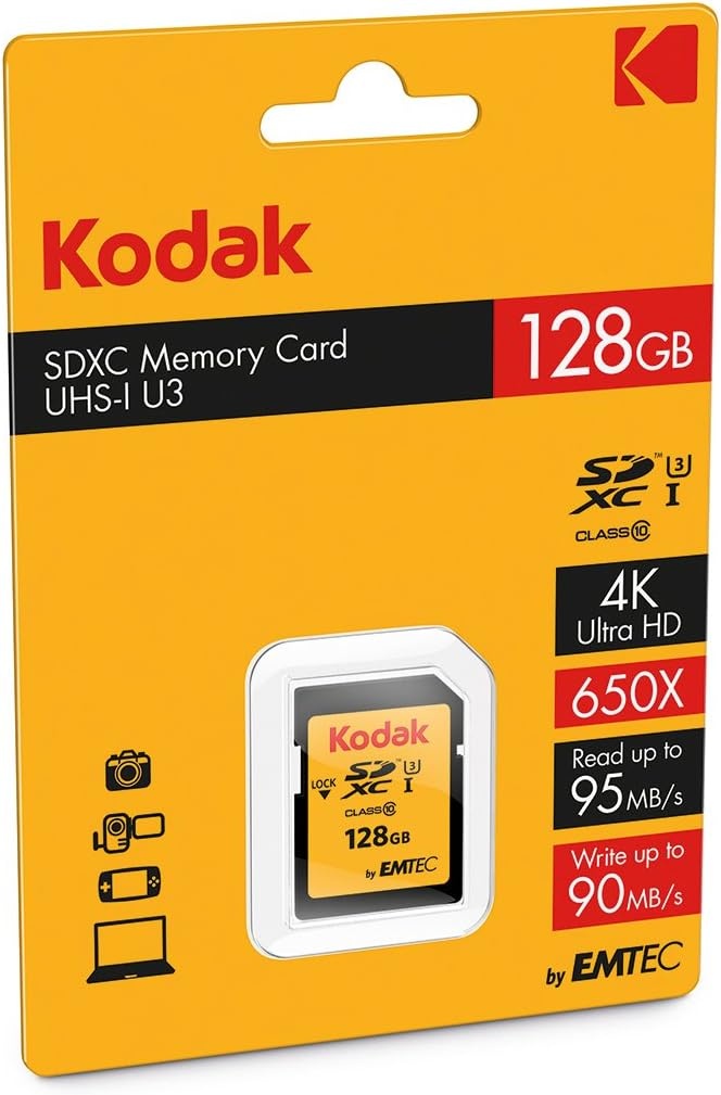 image:imageKodak SDXC Card 64GB UHSI U3 V30 Ultra Up to 95MBs Max Read Speed Write Speed 85MBs Max Storage of 4K Ultra HD Videos and HD Photos SD Card128GB