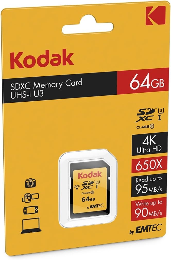 image:imageKodak SDXC Card 64GB UHSI U3 V30 Ultra Up to 95MBs Max Read Speed Write Speed 85MBs Max Storage of 4K Ultra HD Videos and HD Photos SD Card64GB