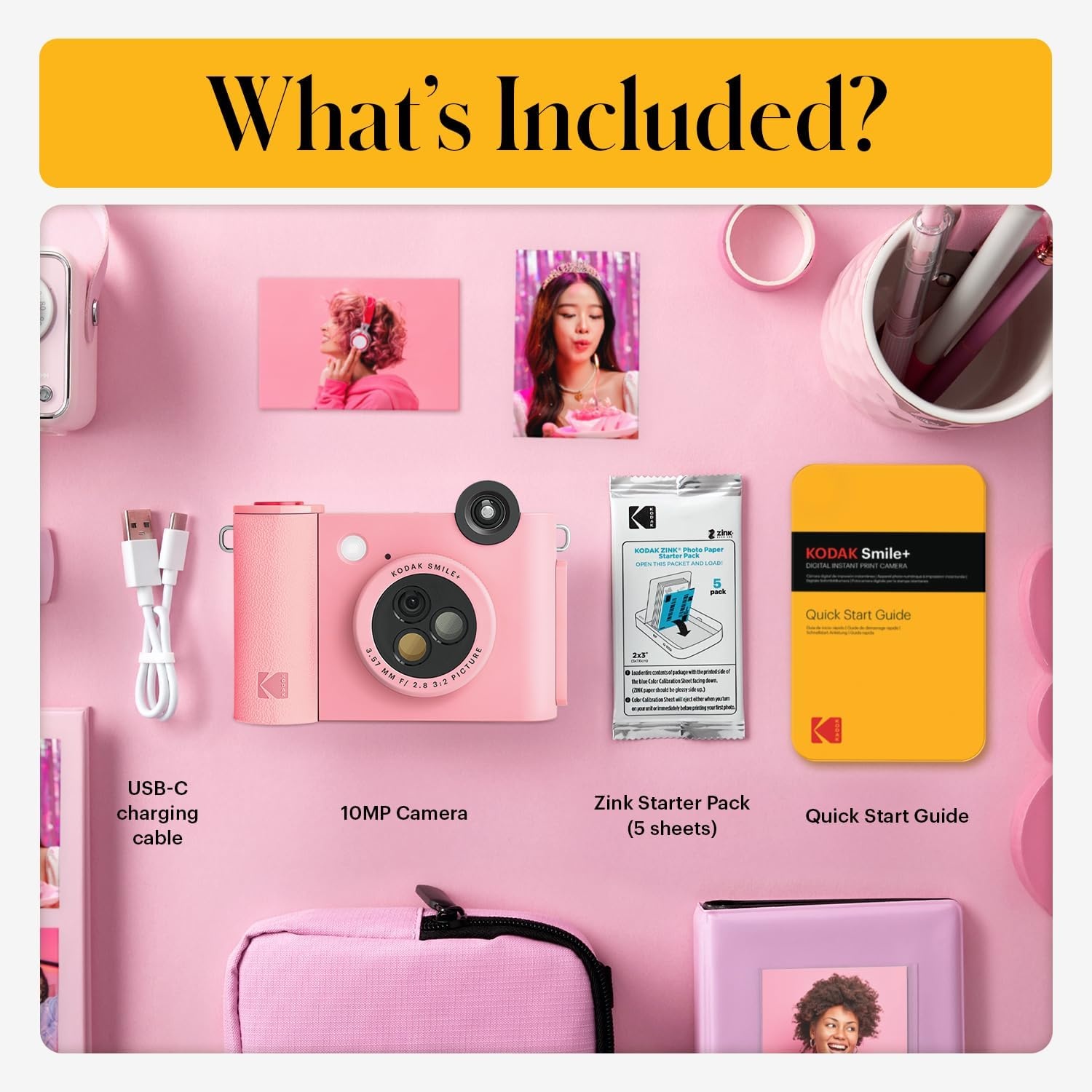 image:imageKodak Smile 2in1 Digital Instant Print Camera amp Photo Printer Gift Bundle Case Zink 2x3 Sticky Back Photo Paper 20pk Album Sticker Sets Sticker Frames Hanging Frames Markers BlackPink