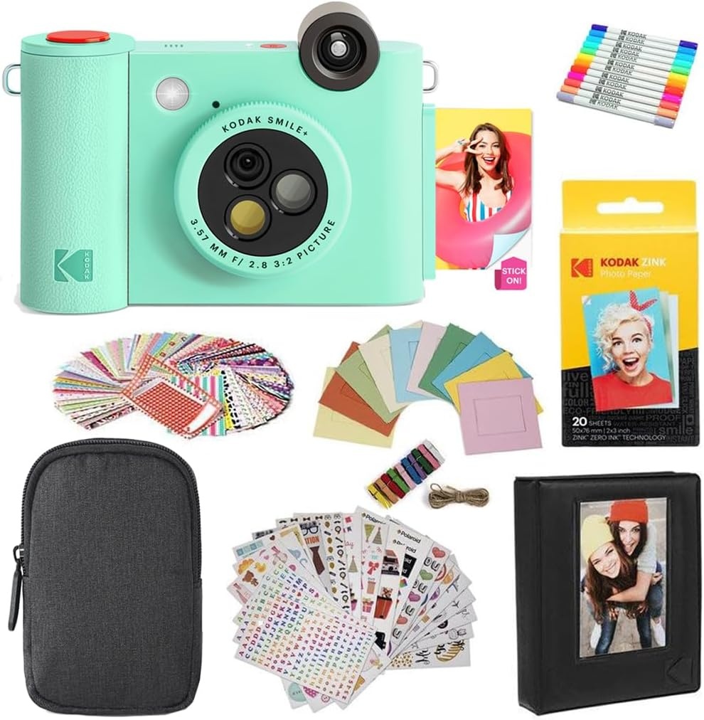 image:imageKodak Smile 2in1 Digital Instant Print Camera amp Photo Printer Gift Bundle Case Zink 2x3 Sticky Back Photo Paper 20pk Album Sticker Sets Sticker Frames Hanging Frames Markers BlackGreen