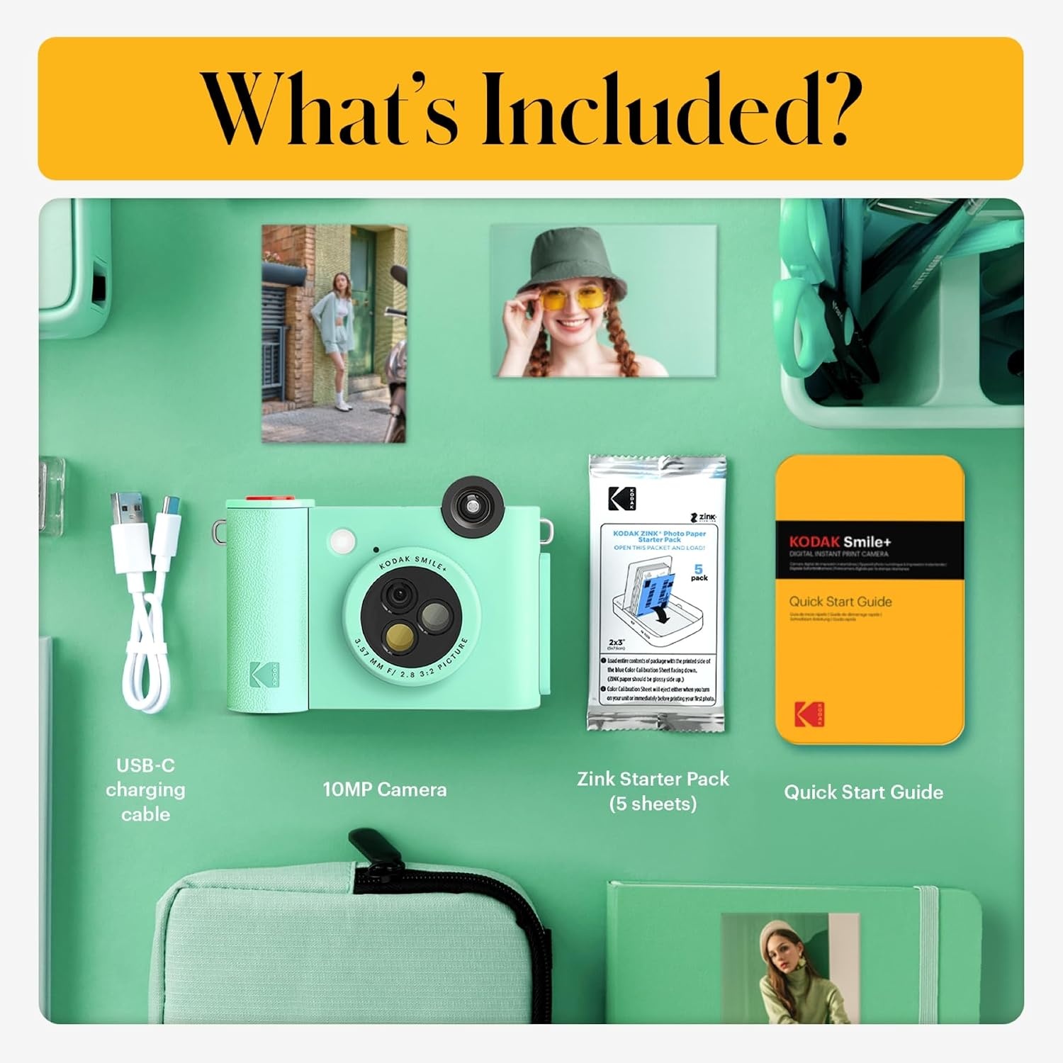 image:imageKodak Smile 2in1 Digital Instant Print Camera amp Photo Printer Gift Bundle Case Zink 2x3 Sticky Back Photo Paper 20pk Album Sticker Sets Sticker Frames Hanging Frames Markers BlackGreen