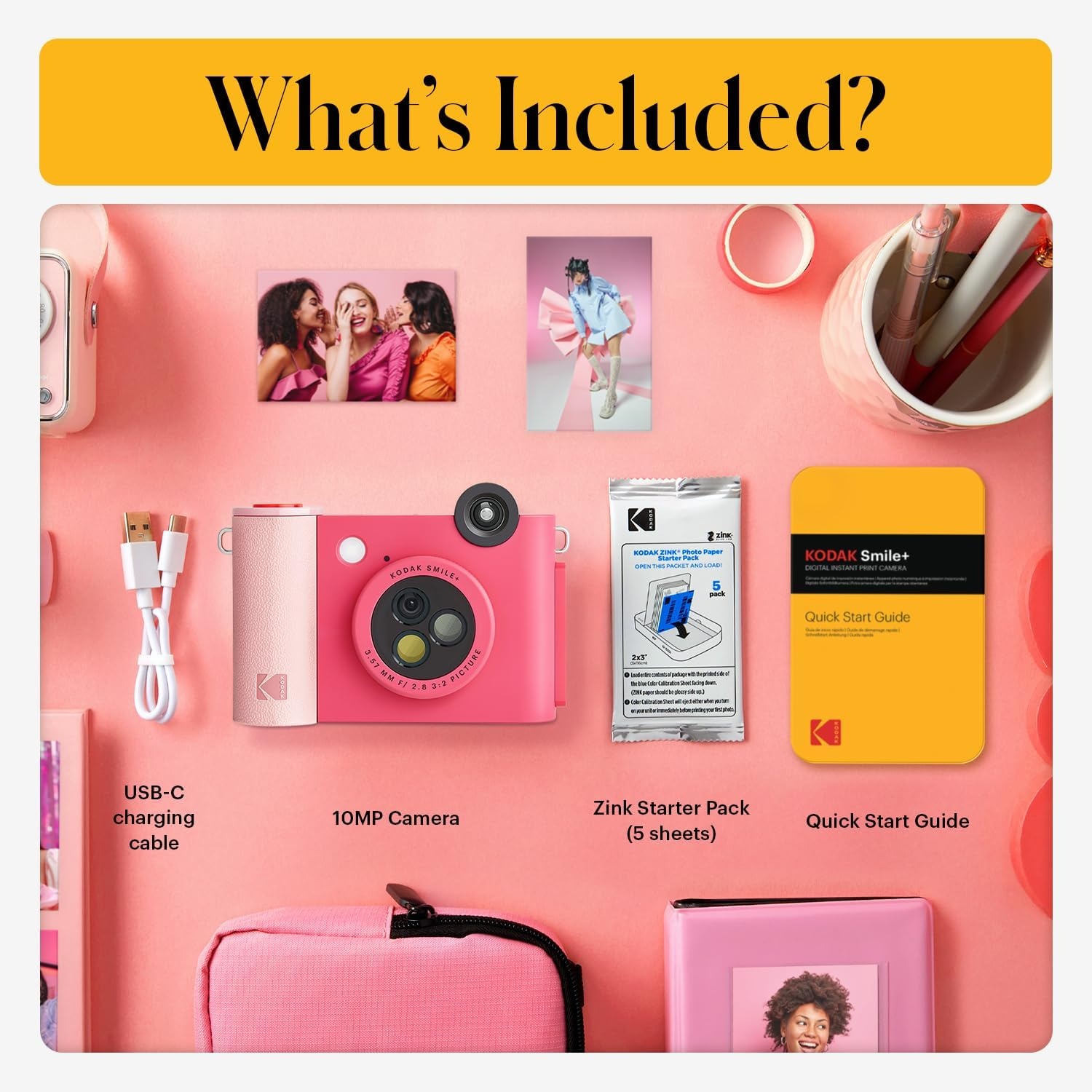 image:imageKodak Smile 2in1 Digital Instant Print Camera amp Photo Printer Gift Bundle Case Zink 2x3 Sticky Back Photo Paper 20pk Album Sticker Sets Sticker Frames Hanging Frames Markers BlackFuchsia