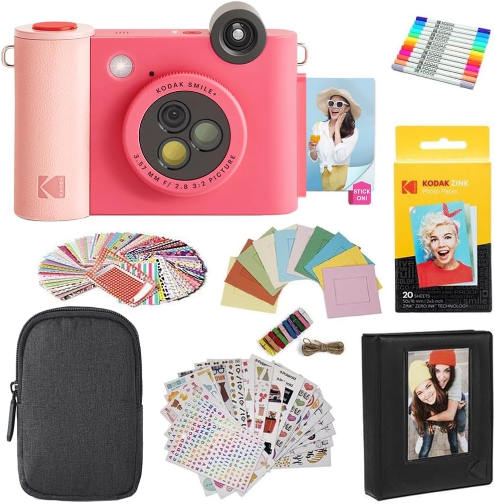 image:imageKodak Smile 2in1 Digital Instant Print Camera amp Photo Printer Gift Bundle Case Zink 2x3 Sticky Back Photo Paper 20pk Album Sticker Sets Sticker Frames Hanging Frames Markers BlackFuchsia