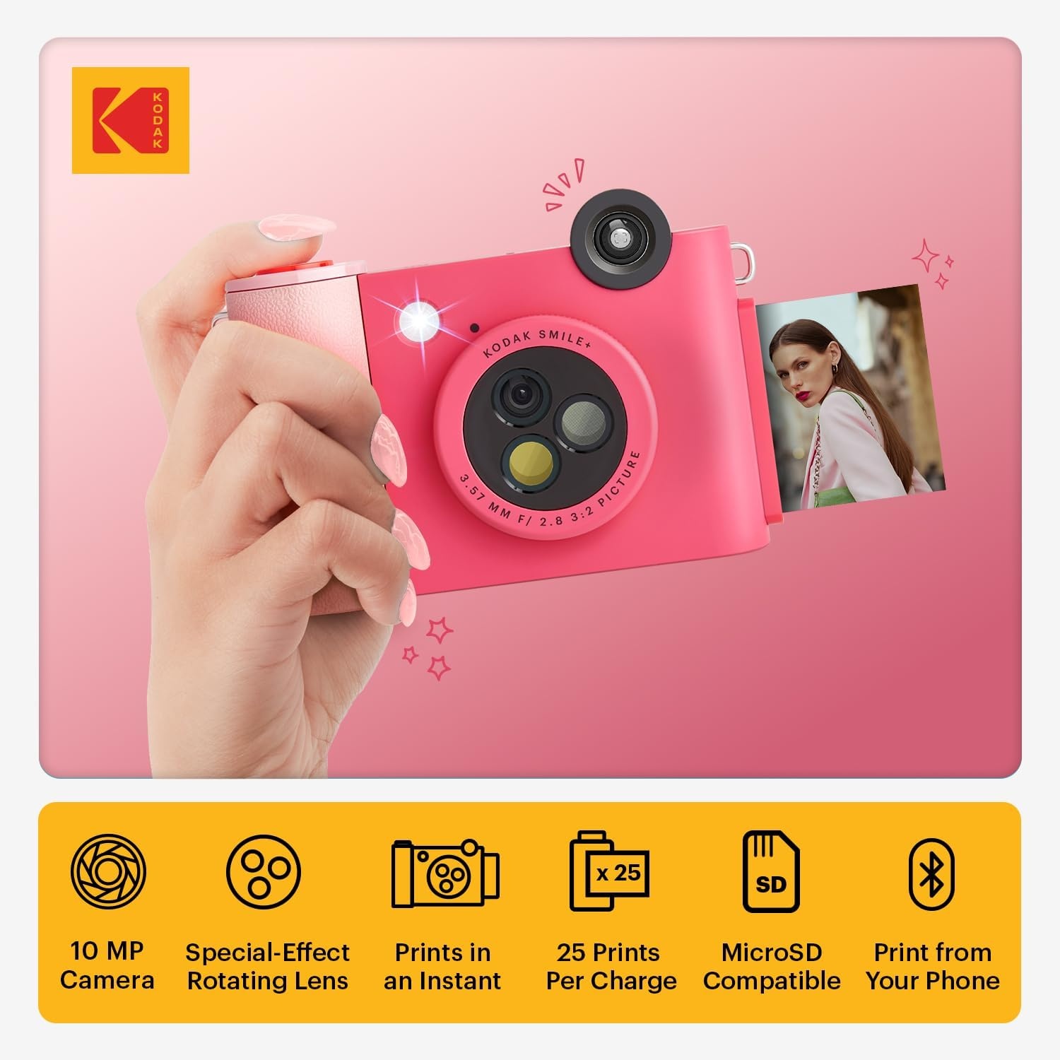 image:imageKodak Smile 2in1 Digital Instant Print Camera amp Photo Printer Gift Bundle Case Zink 2x3 Sticky Back Photo Paper 20pk Album Sticker Sets Sticker Frames Hanging Frames Markers BlackFuchsia