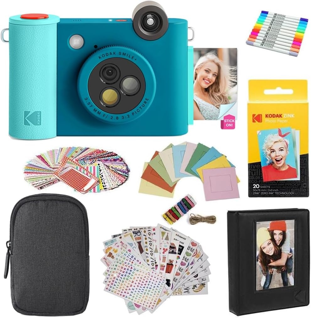 image:imageKodak Smile 2in1 Digital Instant Print Camera amp Photo Printer Gift Bundle Case Zink 2x3 Sticky Back Photo Paper 20pk Album Sticker Sets Sticker Frames Hanging Frames Markers BlackBlue