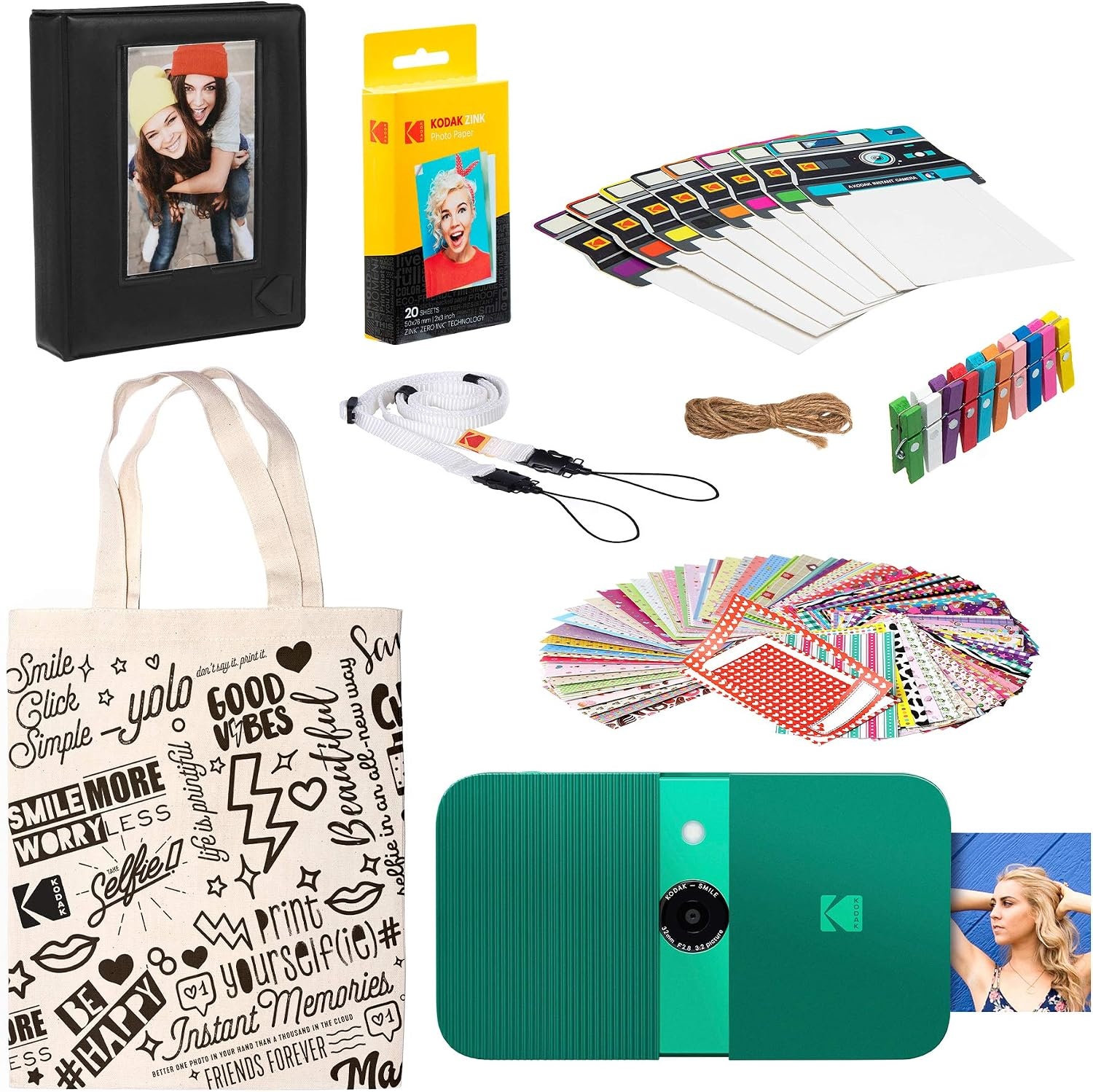 image:imageKodak Smile 2in1 Digital Instant Print Camera amp Photo Printer Gift Bundle Case Zink 2x3 Sticky Back Photo Paper 20pk Album Sticker Sets Sticker Frames Hanging Frames Markers BlackGreen