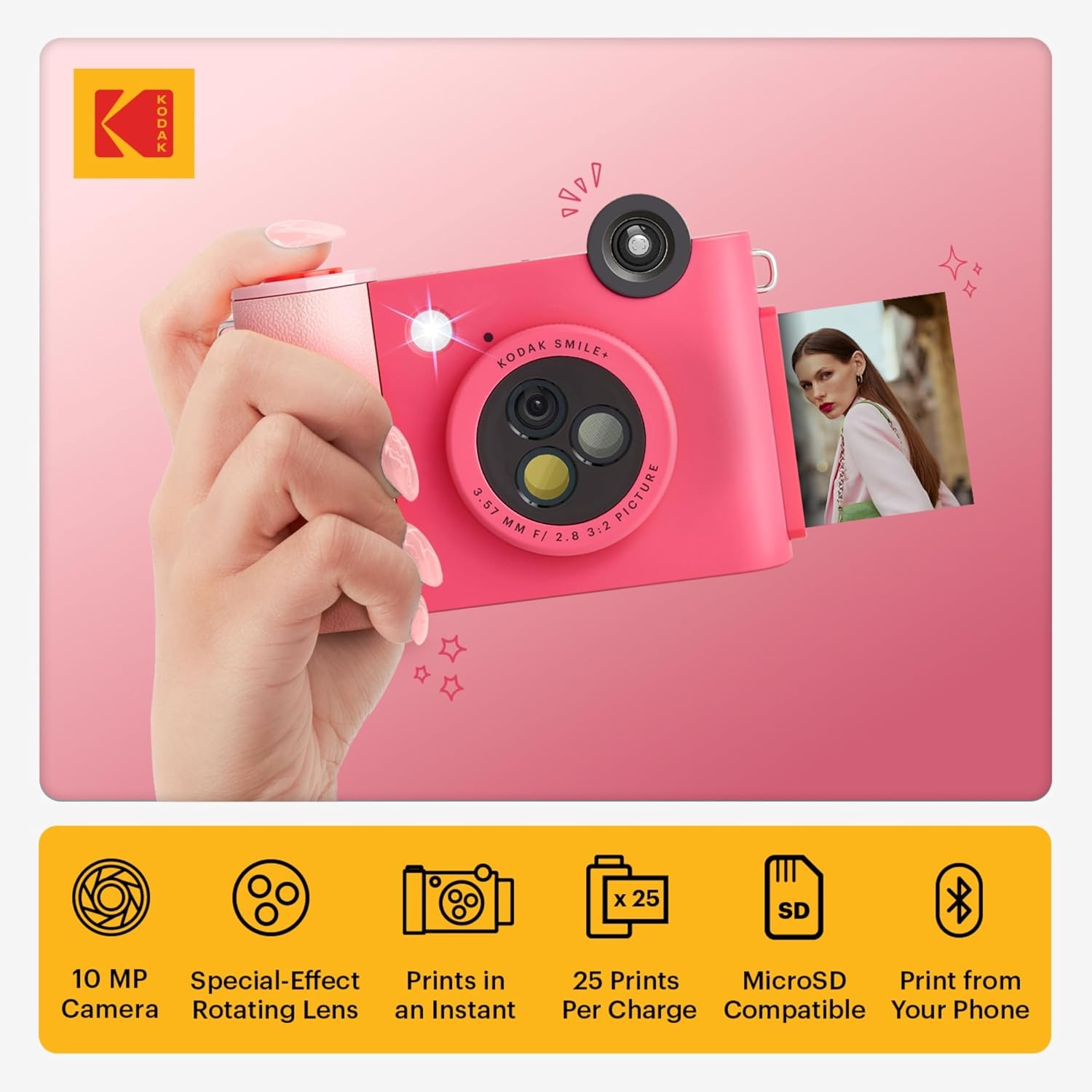 image:imageKodak Smile 2in1 Digital Instant Print Camera amp Photo Printer Gift Bundle Case Zink 2x3 Sticky Back Photo Paper 20pk Album Sticker Sets Sticker Frames Hanging Frames Markers BlackFuchsia