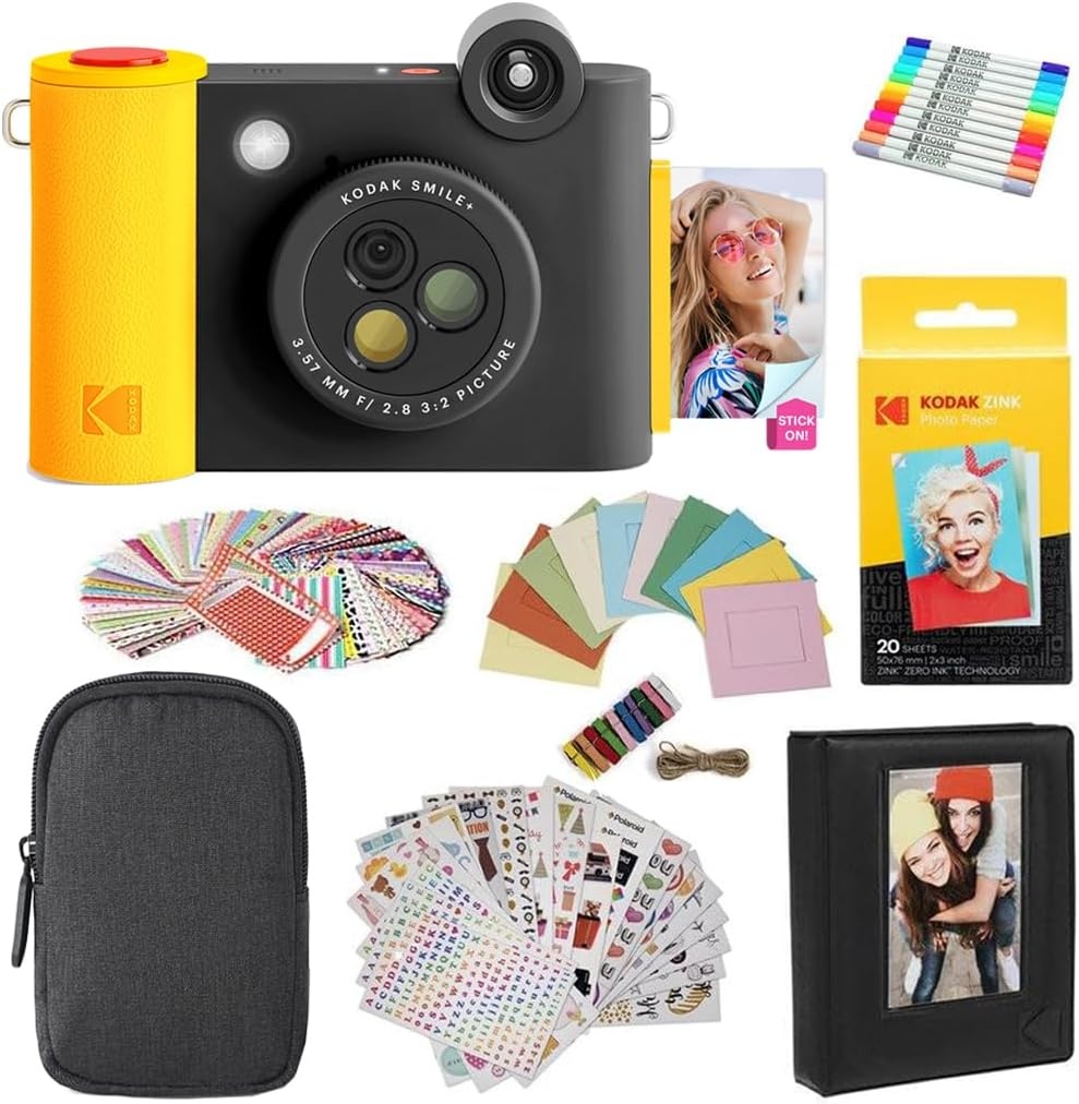 image:imageKodak Smile 2in1 Digital Instant Print Camera amp Photo Printer Gift Bundle Case Zink 2x3 Sticky Back Photo Paper 20pk Album Sticker Sets Sticker Frames Hanging Frames Markers BlackBlack