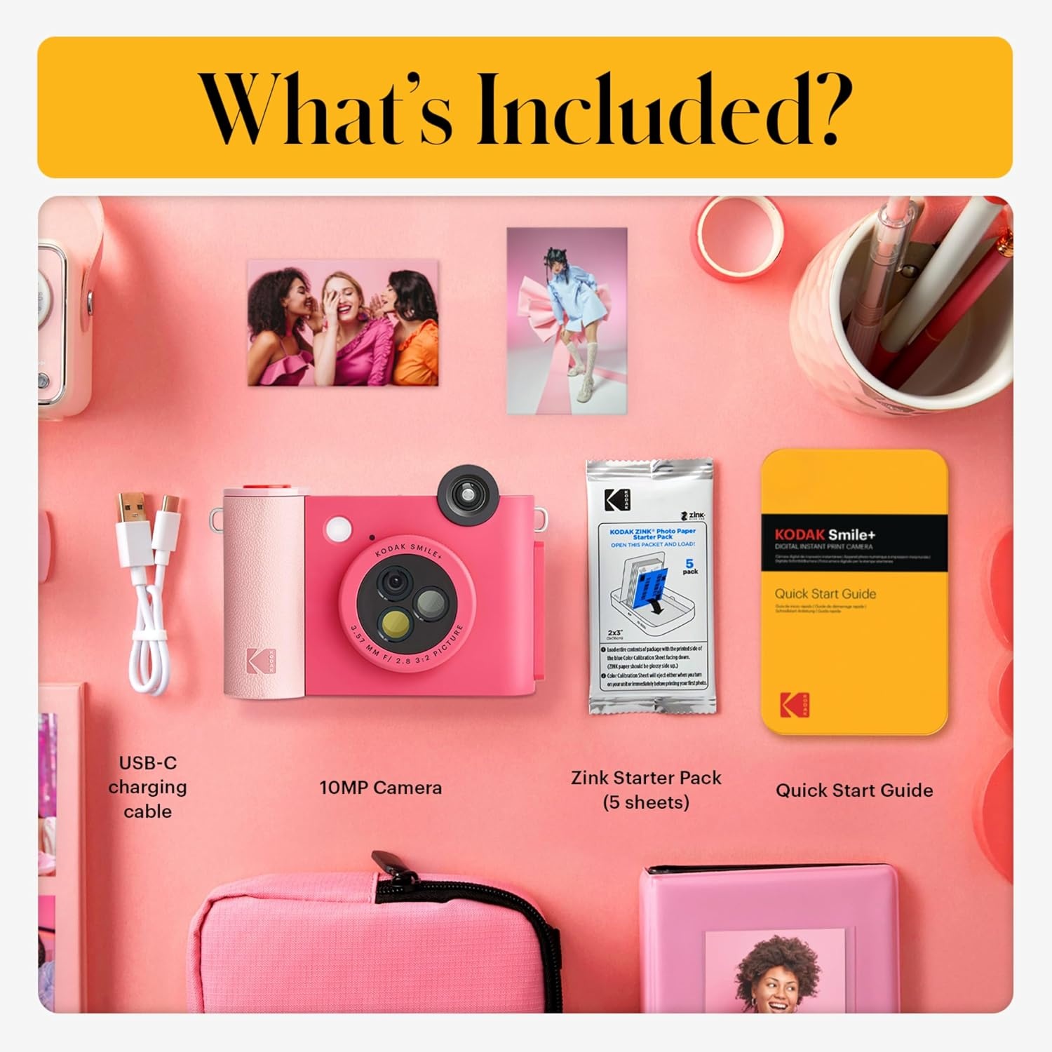 image:imageKodak Smile 2in1 Digital Instant Print Camera amp Photo Printer Gift Bundle Case Zink 2x3 Sticky Back Photo Paper 20pk Album Sticker Sets Sticker Frames Hanging Frames Markers BlackFuchsia