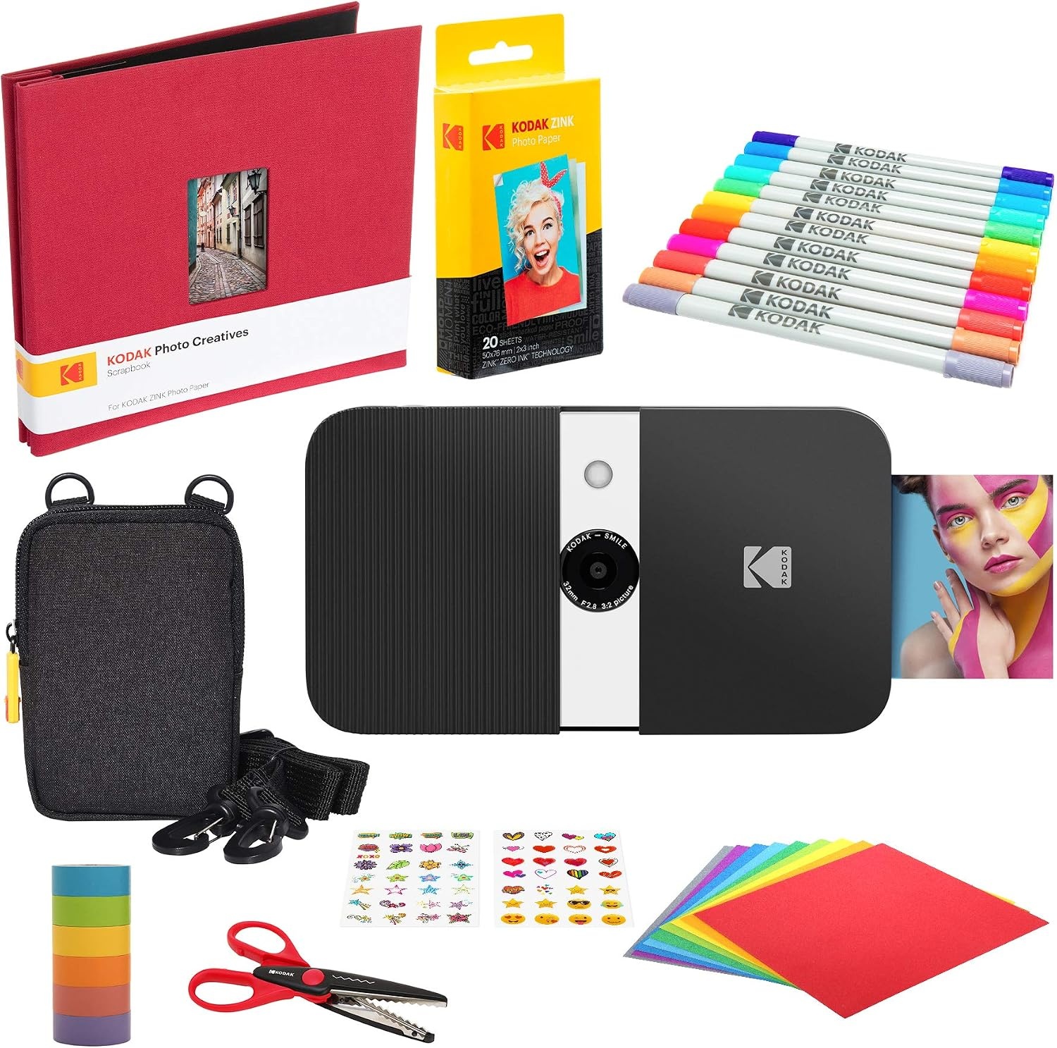 image:imageKodak Smile 2in1 Digital Instant Print Camera amp Photo Printer Gift Bundle Case Zink 2x3 Sticky Back Photo Paper 20pk Album Sticker Sets Sticker Frames Hanging Frames Markers BlackBlack