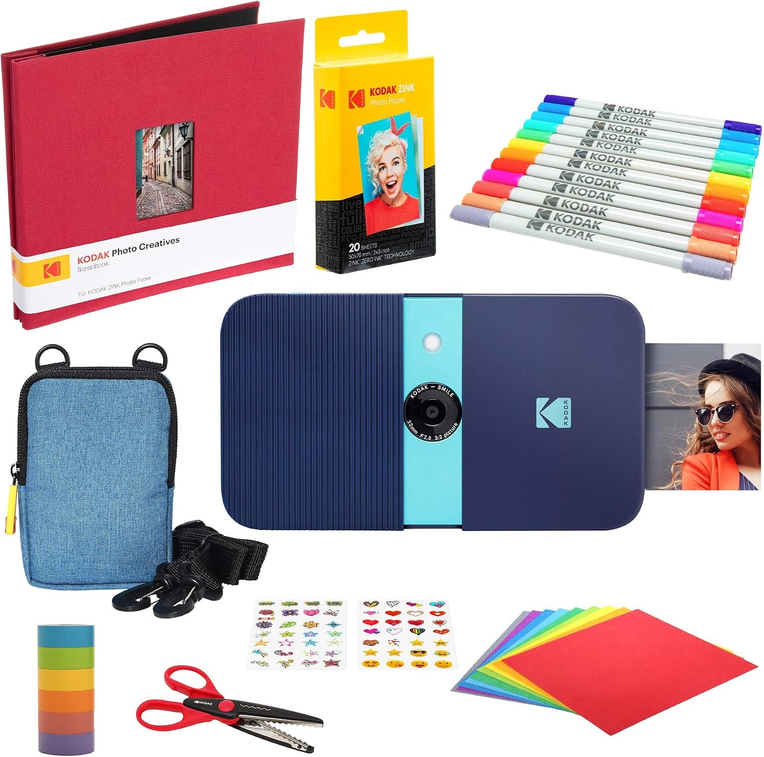 image:imageKodak Smile 2in1 Digital Instant Print Camera amp Photo Printer Gift Bundle Case Zink 2x3 Sticky Back Photo Paper 20pk Album Sticker Sets Sticker Frames Hanging Frames Markers BlackBlue