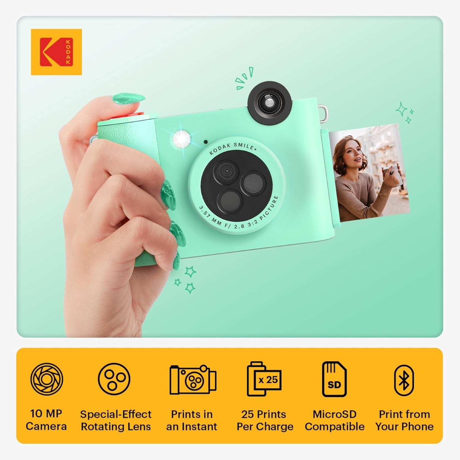 image:imageKodak Smile 2in1 Digital Instant Print Camera amp Photo Printer Gift Bundle Case Zink 2x3 Sticky Back Photo Paper 20pk Album Sticker Sets Sticker Frames Hanging Frames Markers BlackGreen