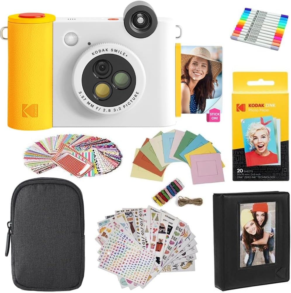 image:imageKodak Smile 2in1 Digital Instant Print Camera amp Photo Printer Gift Bundle Case Zink 2x3 Sticky Back Photo Paper 20pk Album Sticker Sets Sticker Frames Hanging Frames Markers BlackWhite