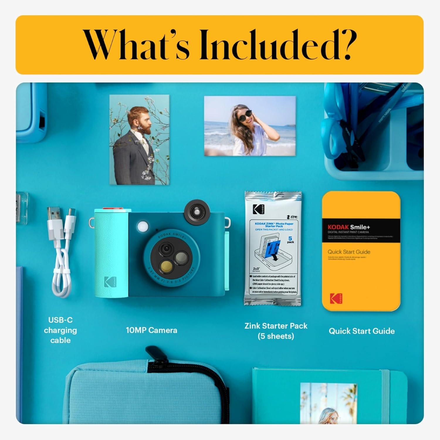 image:imageKodak Smile 2in1 Digital Instant Print Camera amp Photo Printer Gift Bundle Case Zink 2x3 Sticky Back Photo Paper 20pk Album Sticker Sets Sticker Frames Hanging Frames Markers BlackBlue