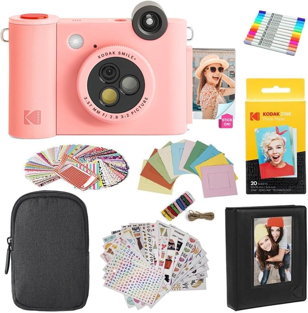 image:imageKodak Smile 2in1 Digital Instant Print Camera amp Photo Printer Gift Bundle Case Zink 2x3 Sticky Back Photo Paper 20pk Album Sticker Sets Sticker Frames Hanging Frames Markers BlackPink