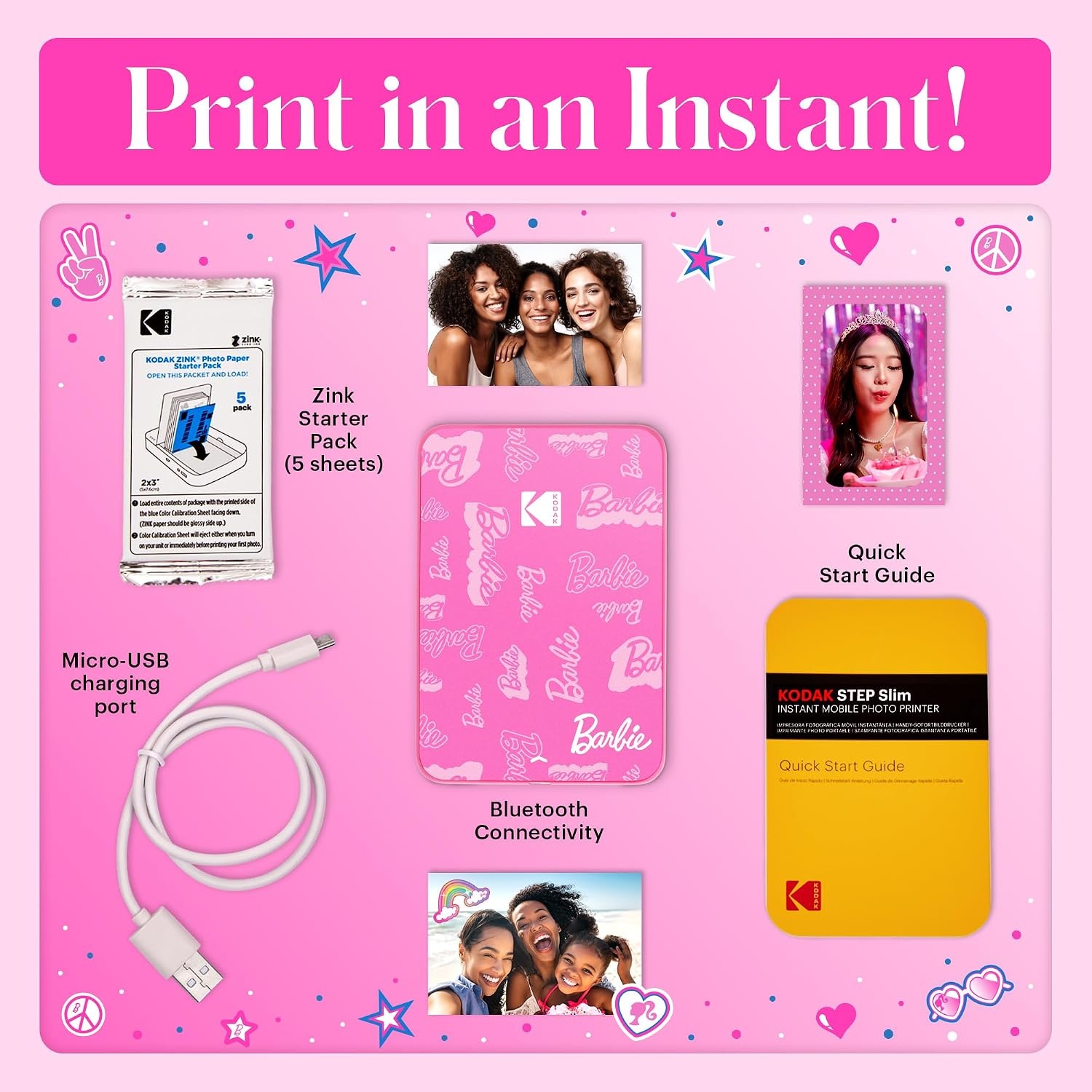 image:imageKodak x Barbie Step Slim Wireless Instant Portable Photo Mobile Printer Gift Bundle Signature Style Barbie Camera Case Photo Album Sticker amp Hanging Frames 50 Stickers Zink Paper 20 SheetsBarbie Signature